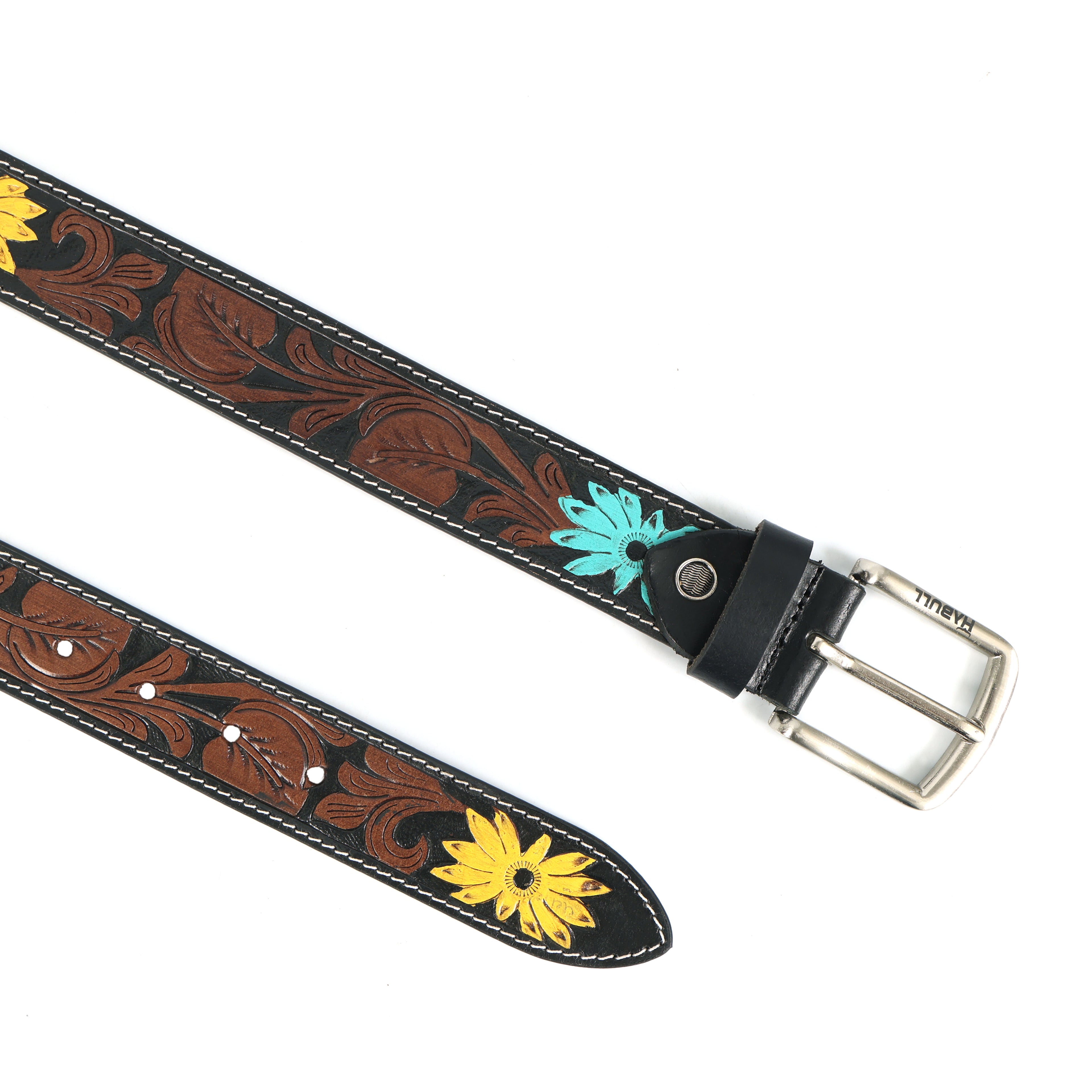 Handcrafted Leather Belt with Floral Tooled Design – Western Style Fashion Accessory