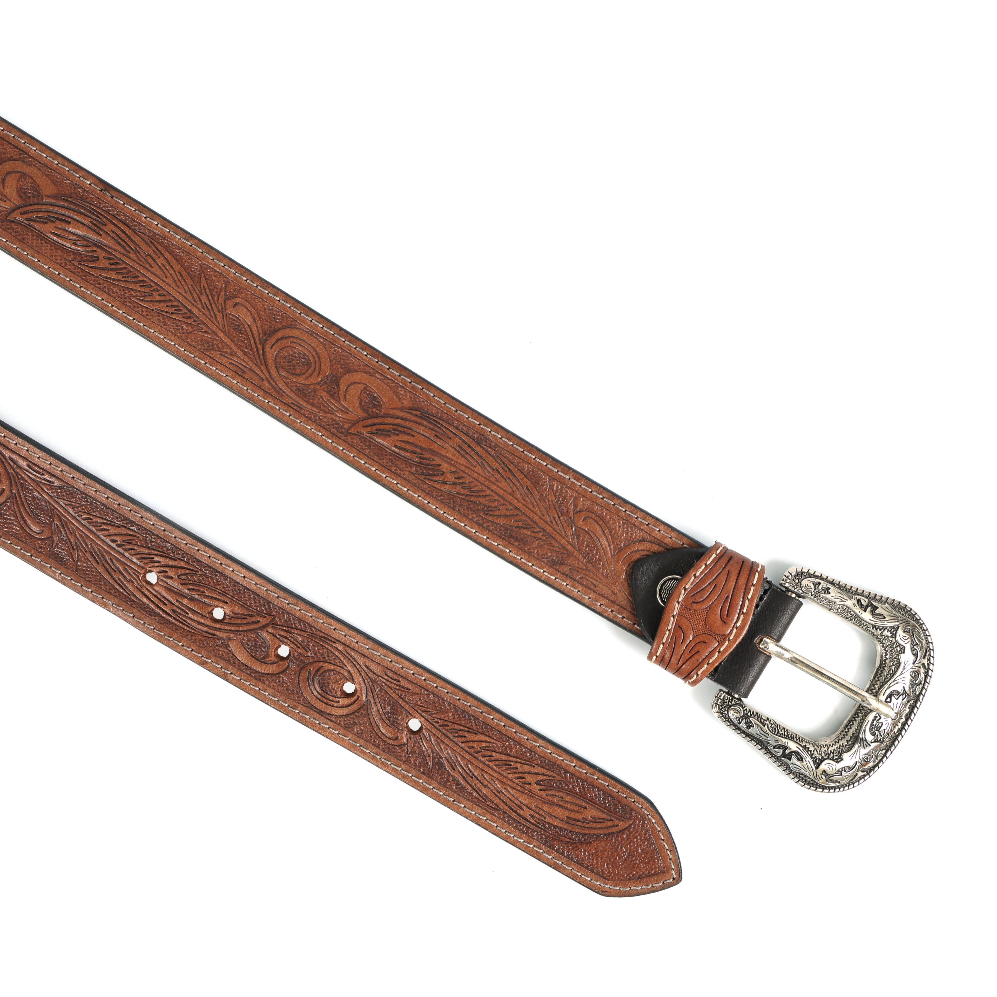 Handcrafted Brown Tooled Leather Belt with Antique Silver Buckle | Western Style Genuine Leather Belt