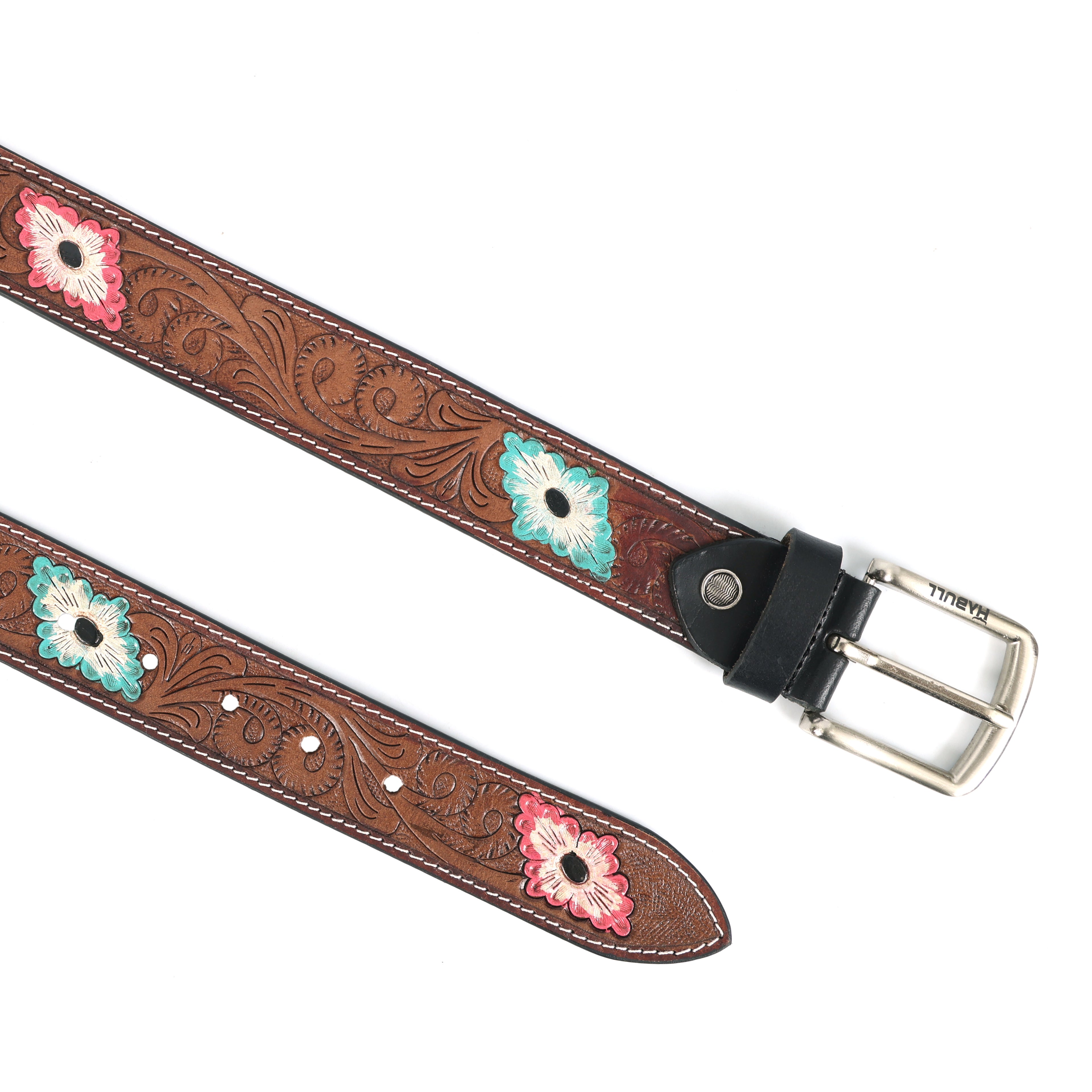 Hand-Tooled Leather Belt with Multicolor Floral Engraving – Western Cowgirl & Cowboy Style