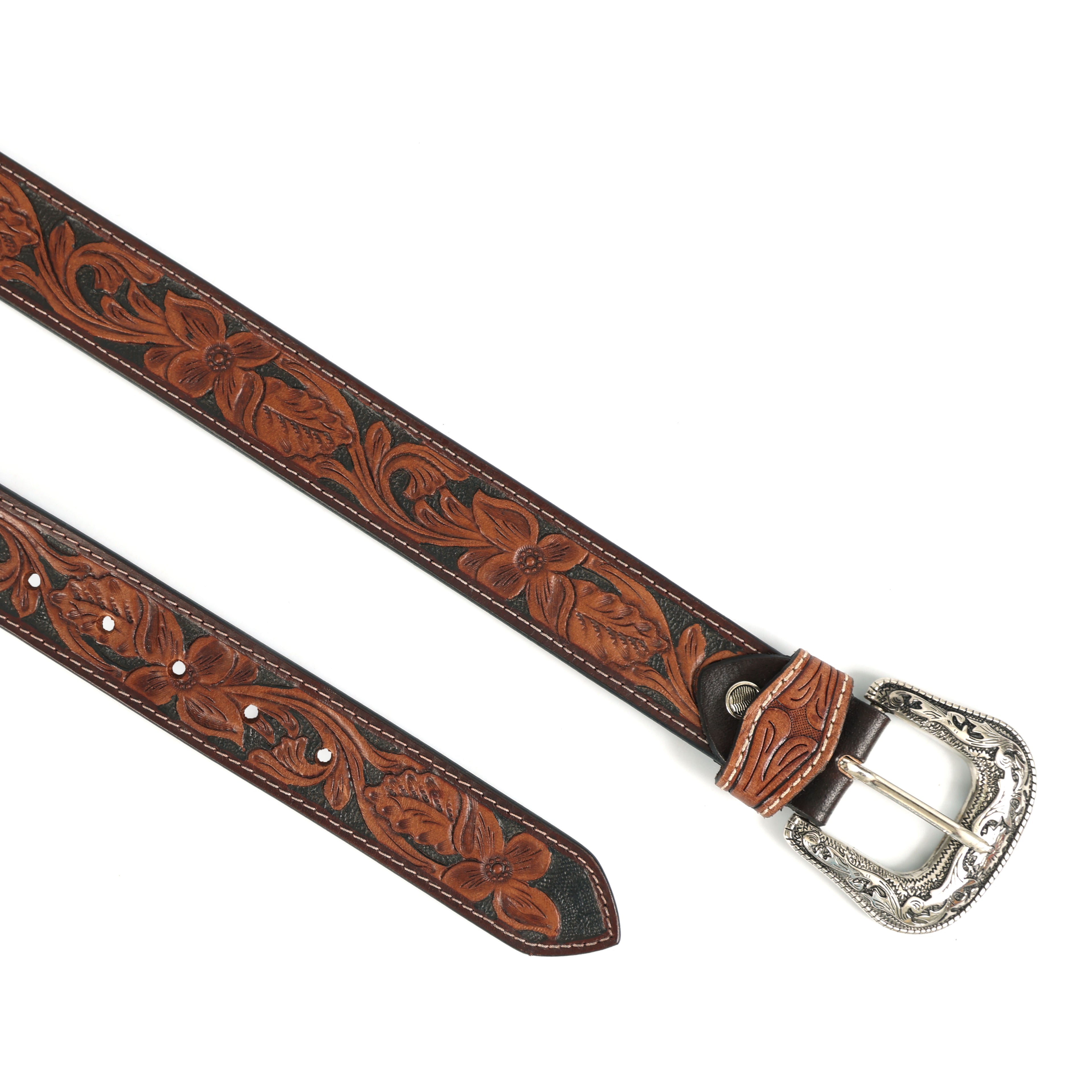 Handcrafted Brown Tooled Leather Belt | Floral Tooling Western Belt with Engraved Metal Buckle | Premium Handmade Cowhide Belt