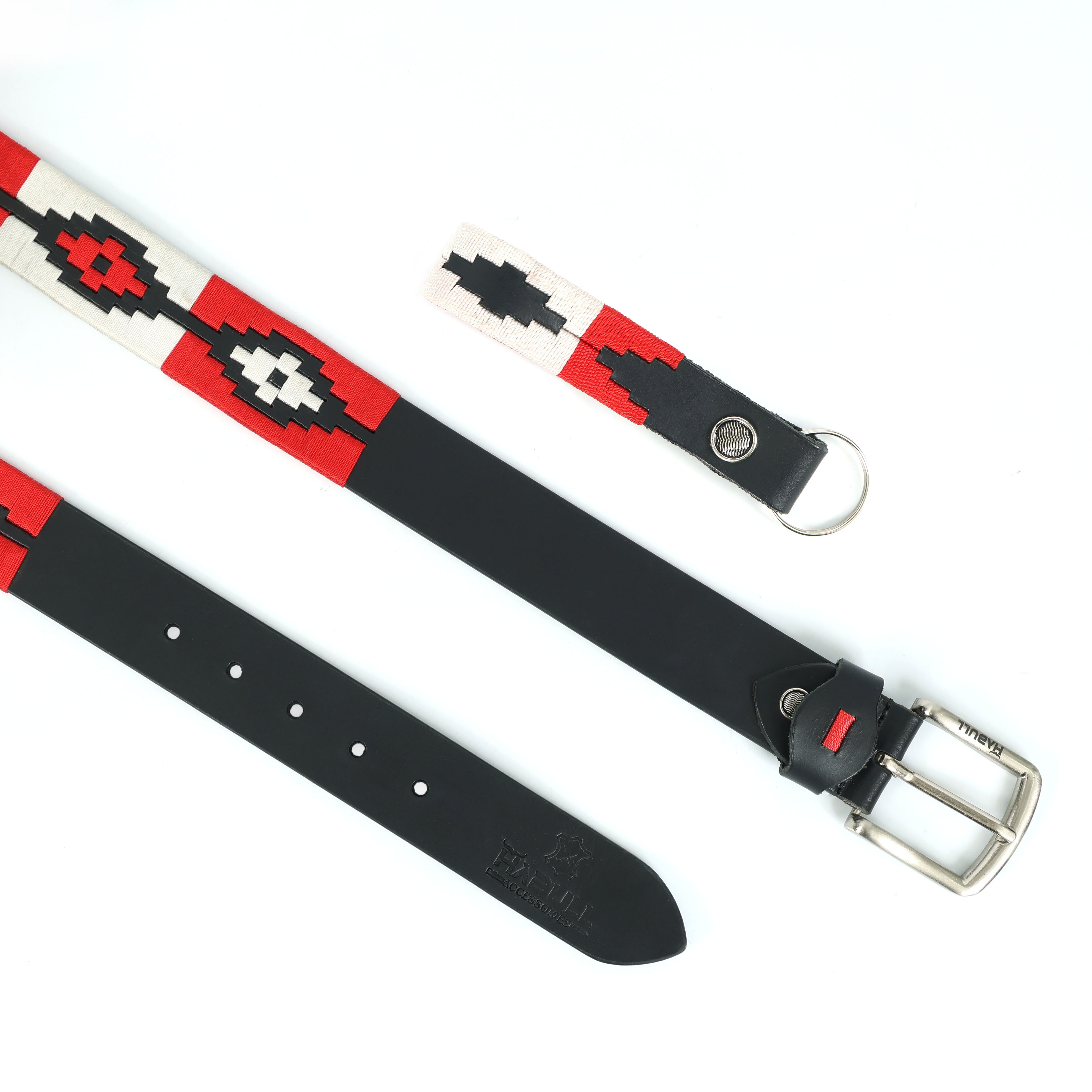 Handcrafted Black Leather Polo Belt with Red & White Stitching | Metal Buckle | Premium Handmade Belt + Free Matching Keyring