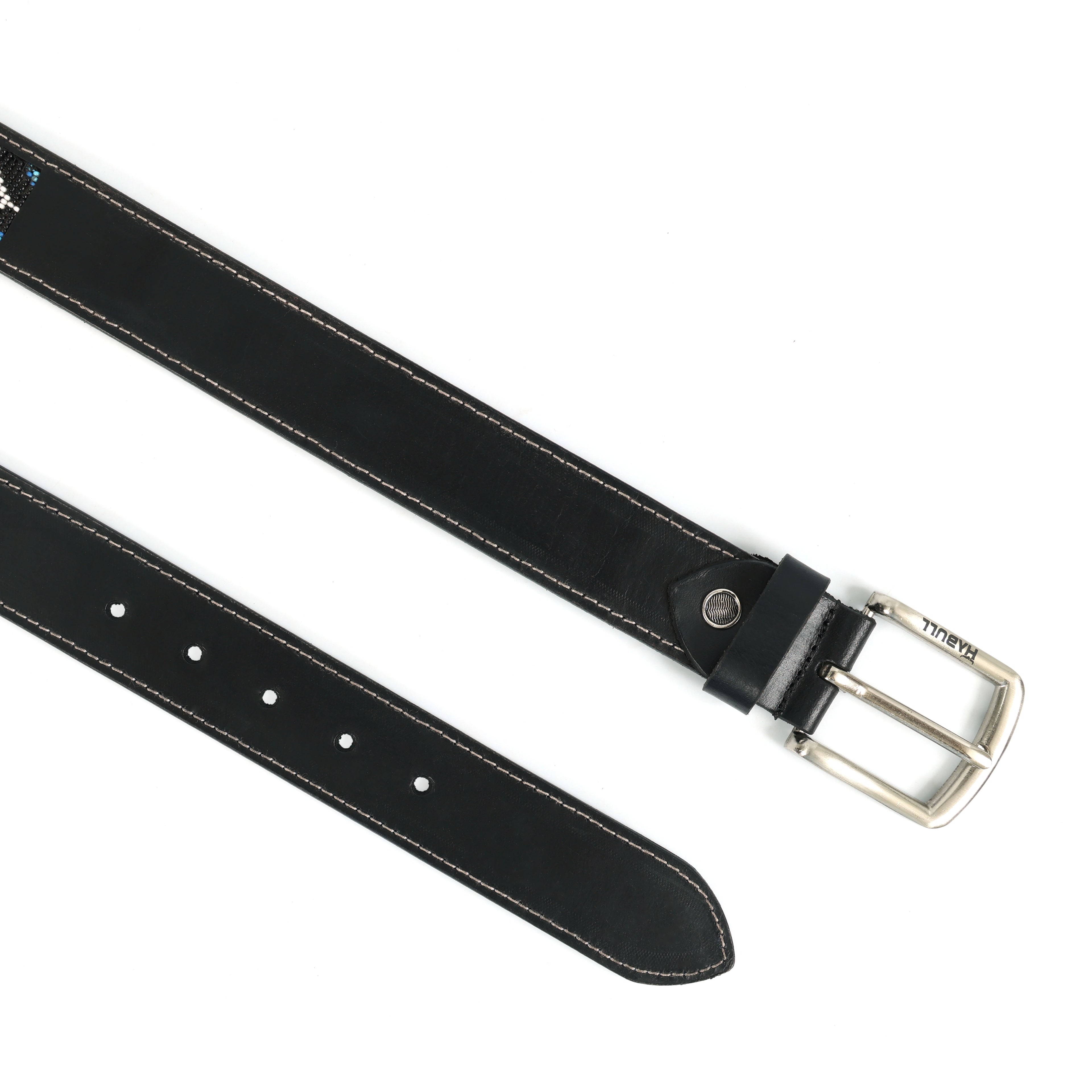 Handcrafted Beaded Leather Belt – Premium Black Leather with Blue Tribal Patter