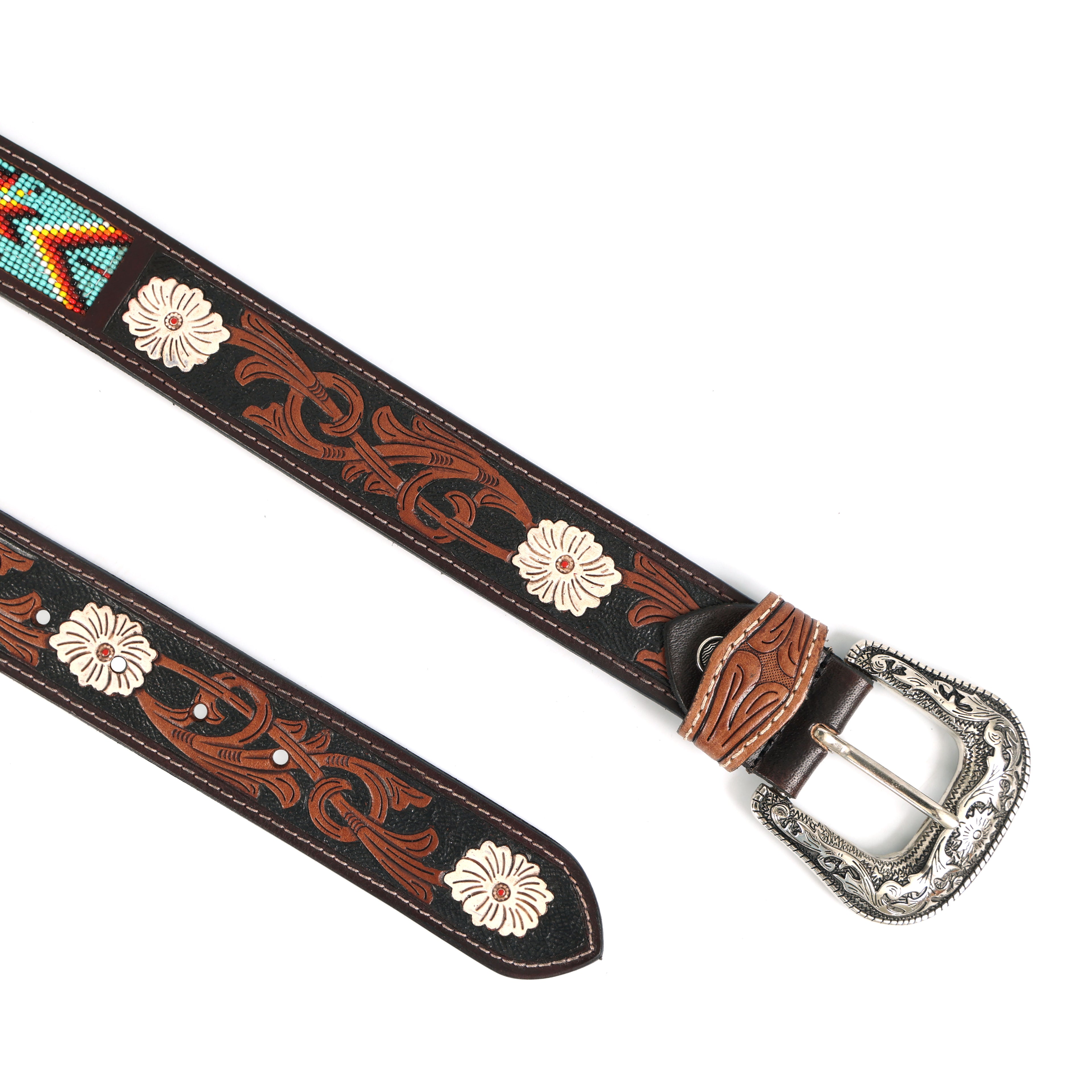 Handcrafted Western Beaded Leather Belt – Premium Tooled Leather with Turquoise & Sunset Beadwork