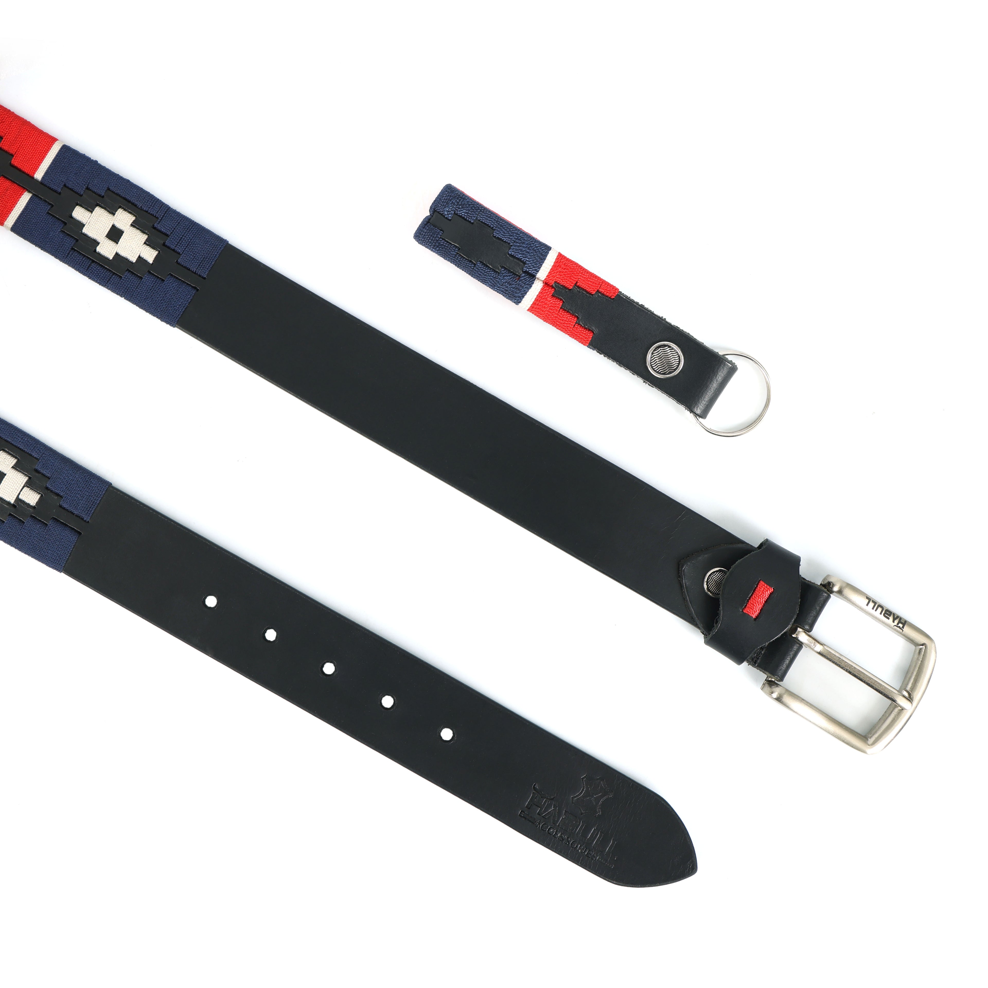 Handcrafted Black Leather Polo Belt with Red, Blue & White Stitching | Premium Handmade Belt with Metal Buckle + Free Matching Keyring