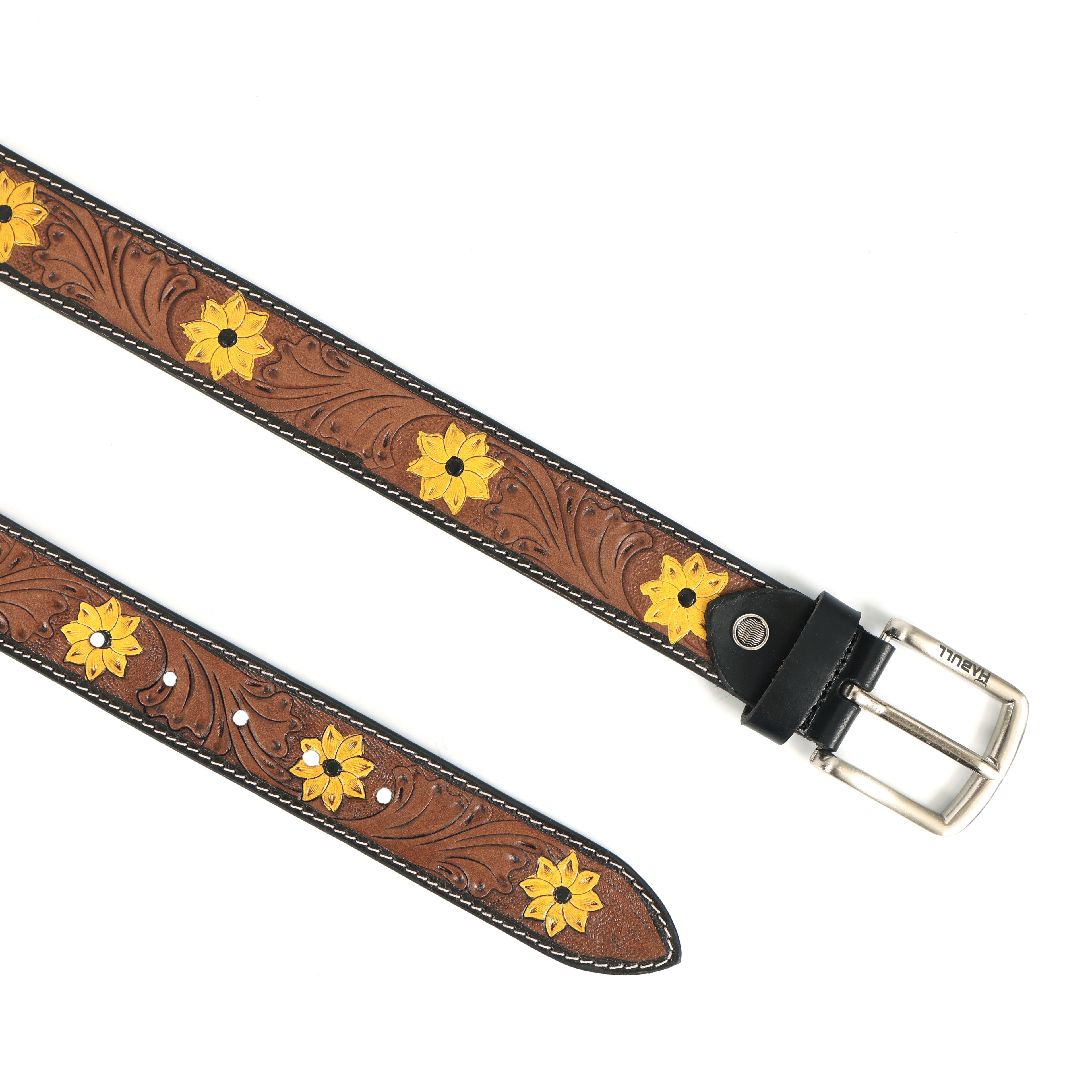Handcrafted Tooled Leather Belt with Yellow Floral Engravings – Premium Western Brown Belt