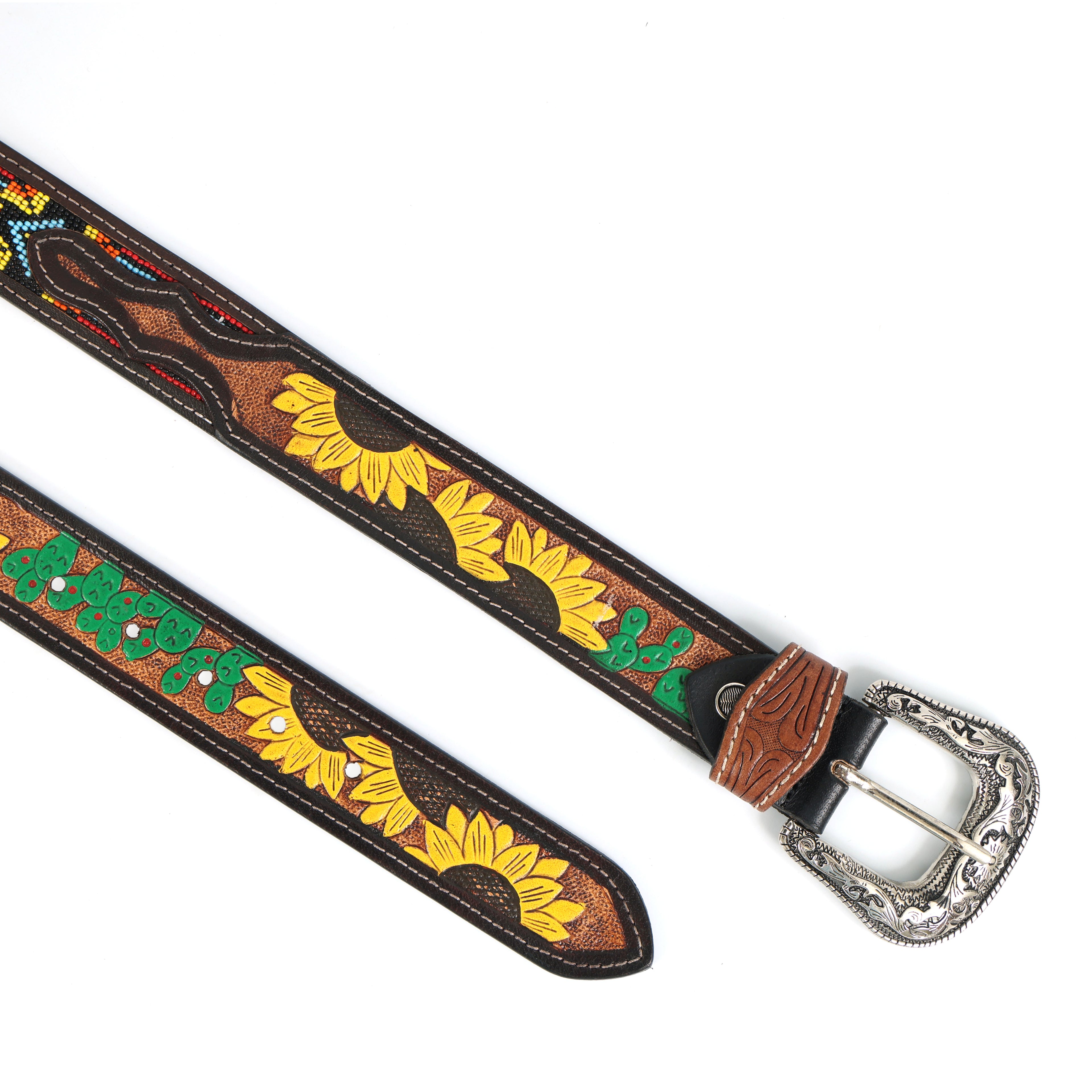 Handcrafted Beaded & Tooled Leather Belt – Sunflower & Tribal Pattern