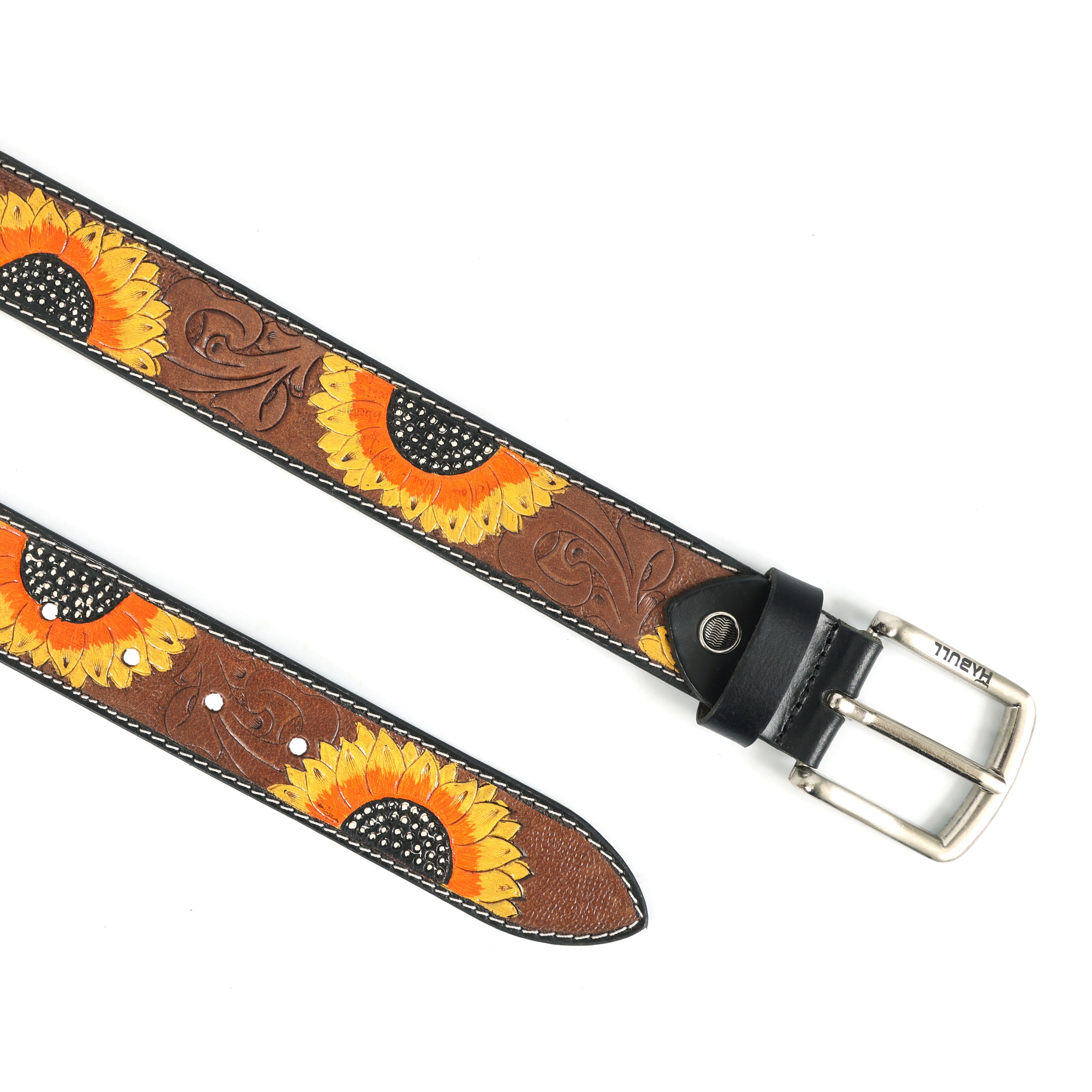 Handcrafted Sunflower Tooled Leather Belt – Premium Brown Leather with Floral Detailing
