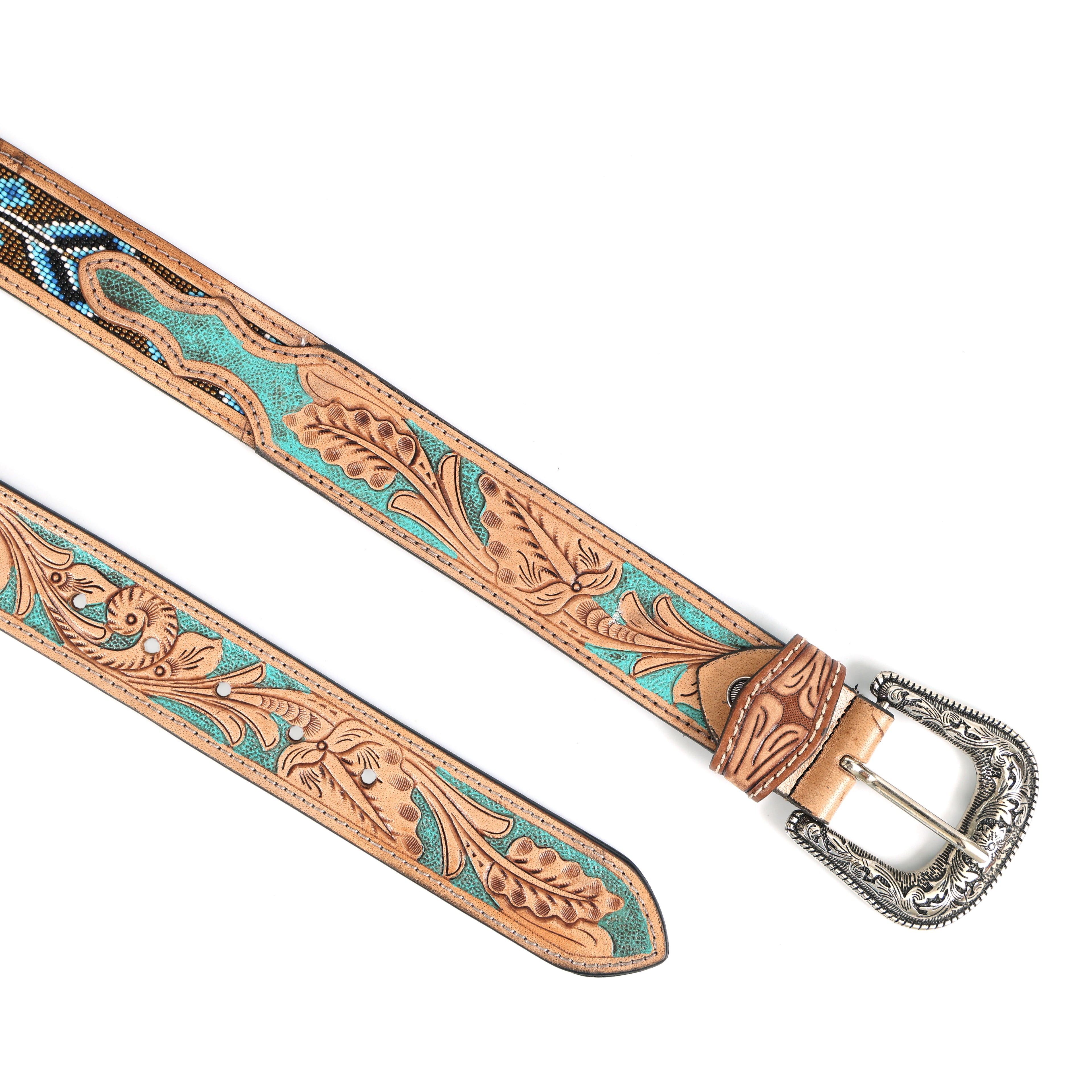 Handcrafted Tooled Leather Belt with Turquoise Floral Design | Blue Beaded Western Belt with Engraved Buckle | Premium Handmade Cowhide Belt