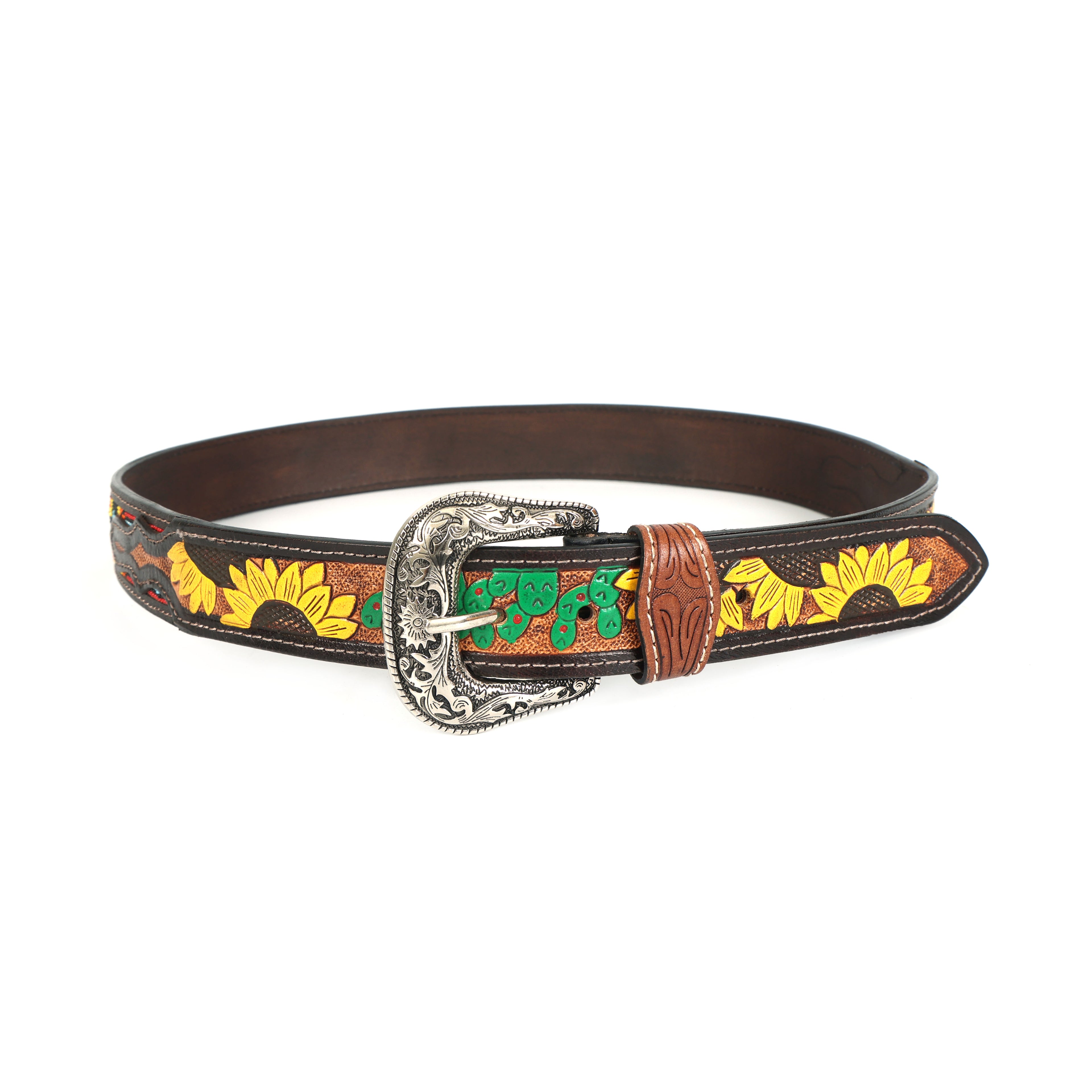 Handcrafted Beaded & Tooled Leather Belt – Sunflower & Tribal Pattern