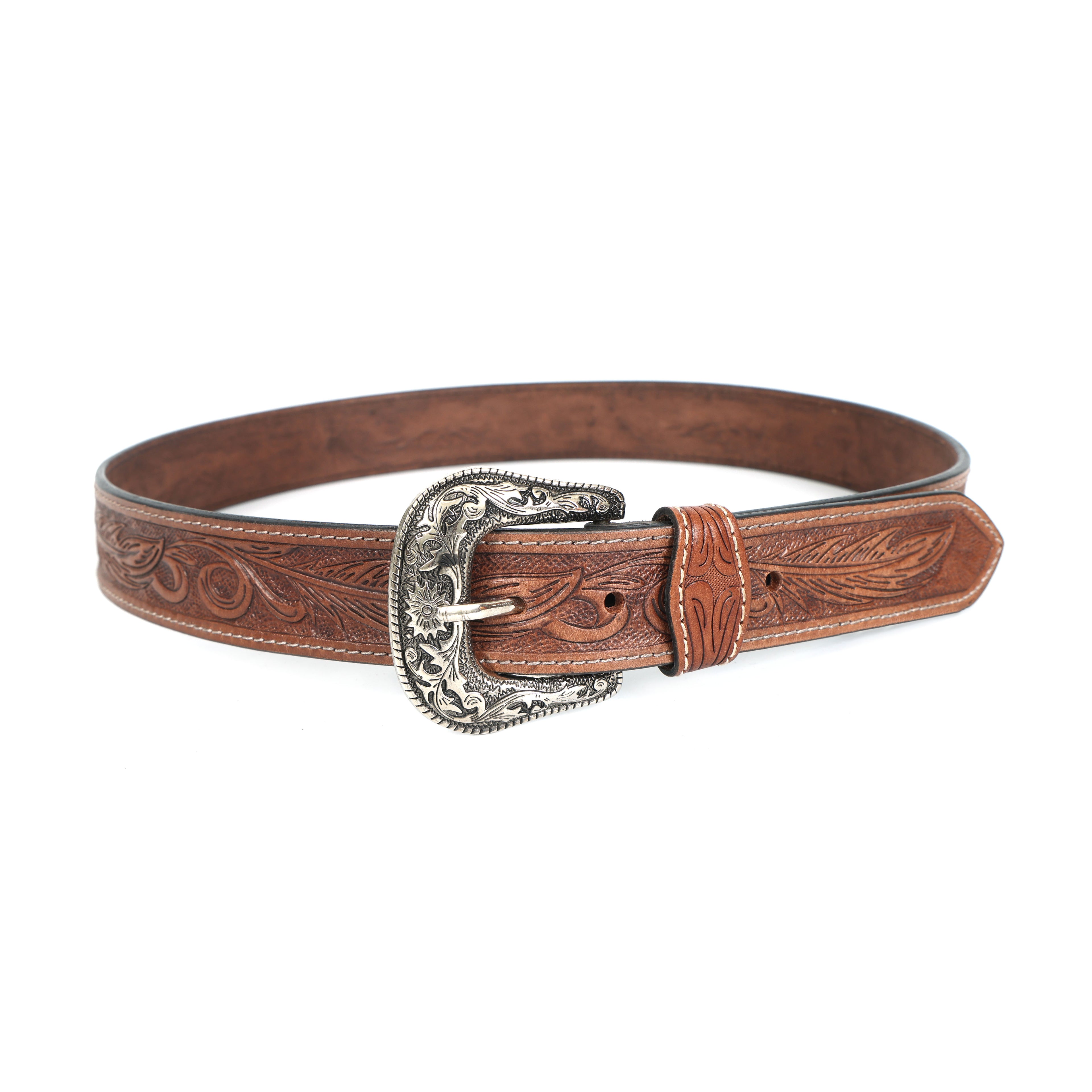Handcrafted Brown Tooled Leather Belt with Antique Silver Buckle | Western Style Genuine Leather Belt
