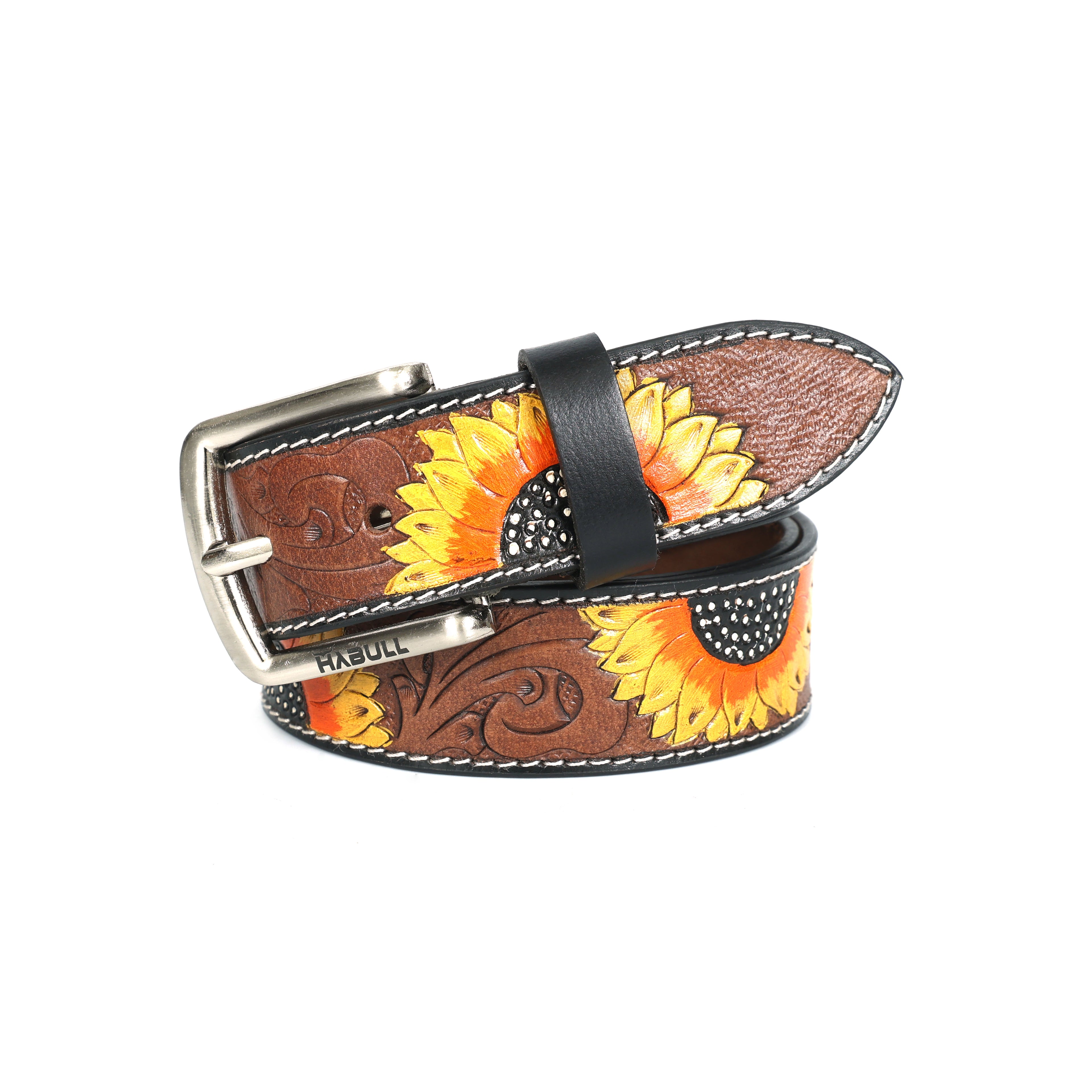 Handcrafted Sunflower Tooled Leather Belt – Premium Brown Leather with Floral Detailing
