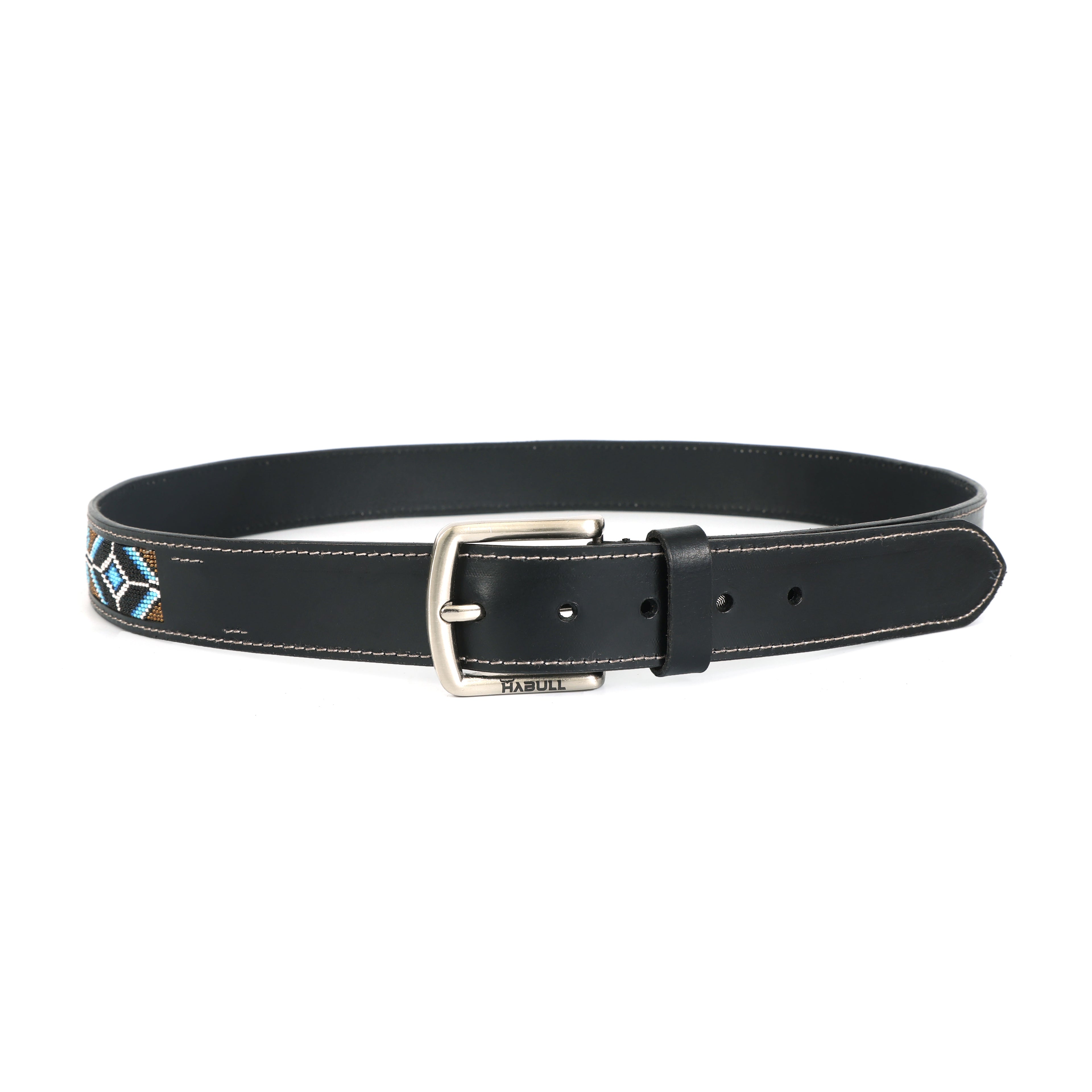 Handcrafted Beaded Leather Belt – Premium Black Leather with Blue Tribal Patter