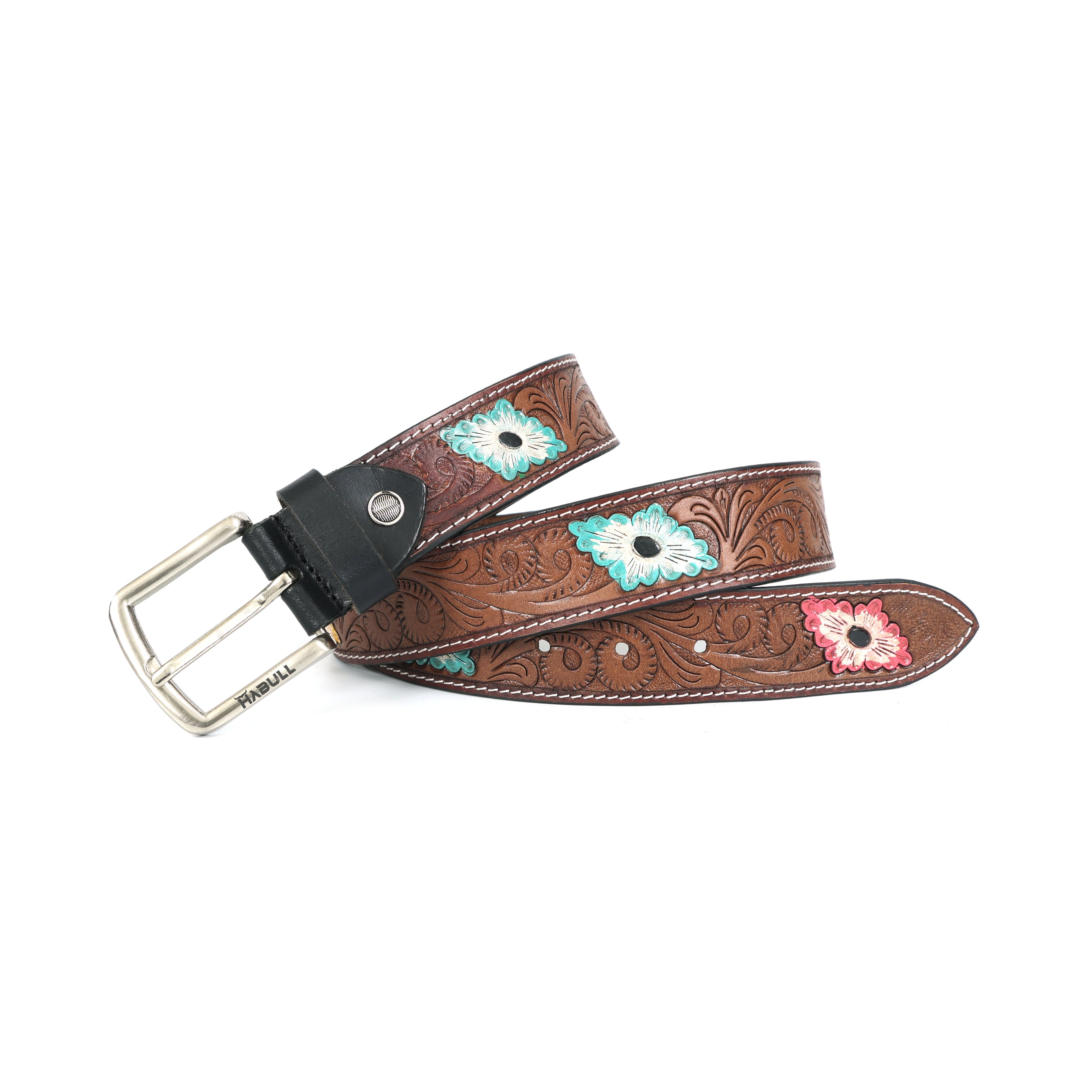 Hand-Tooled Leather Belt with Multicolor Floral Engraving – Western Cowgirl & Cowboy Style