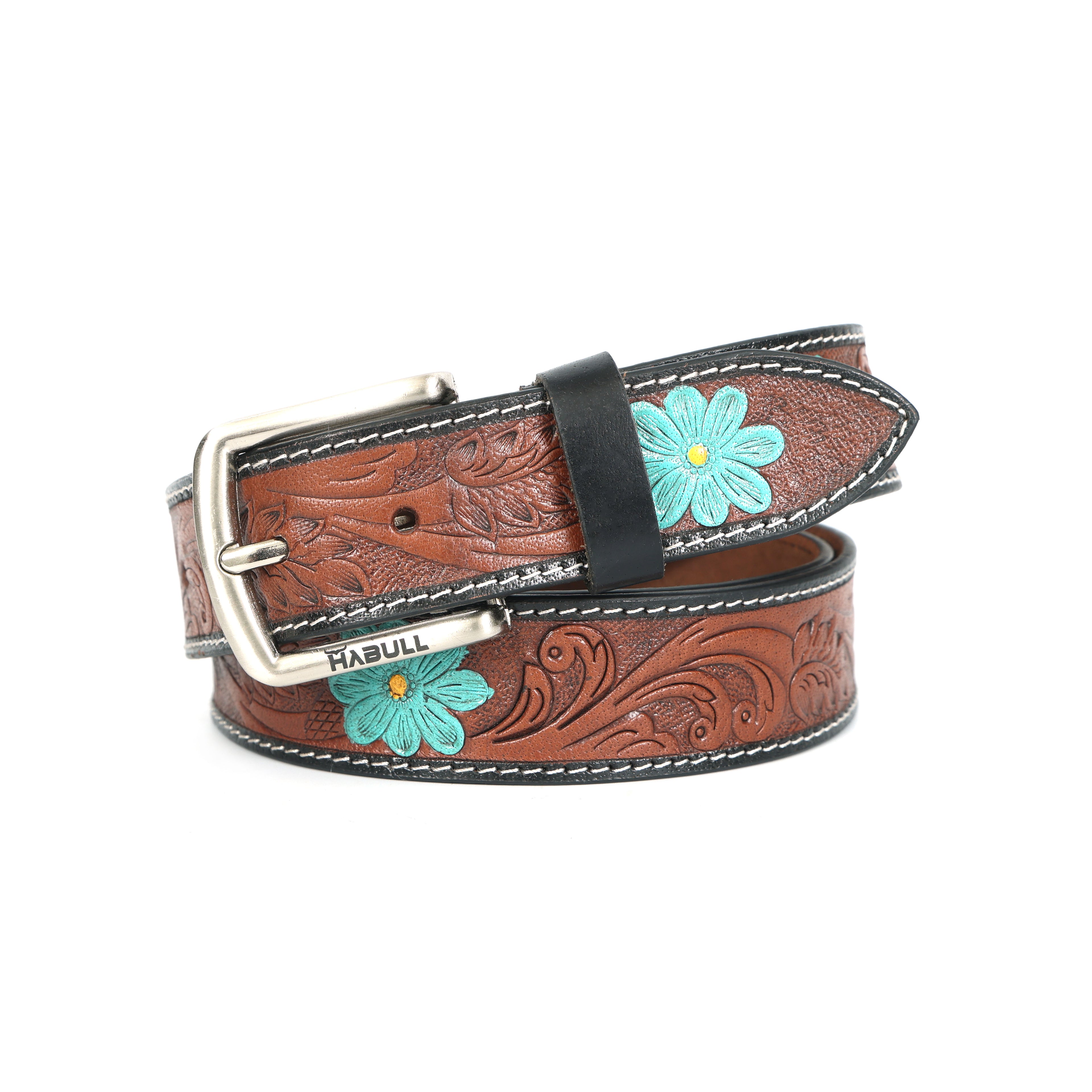 Handcrafted Tooled Leather Belt with Turquoise Floral Accents – Premium Brown Western Belt