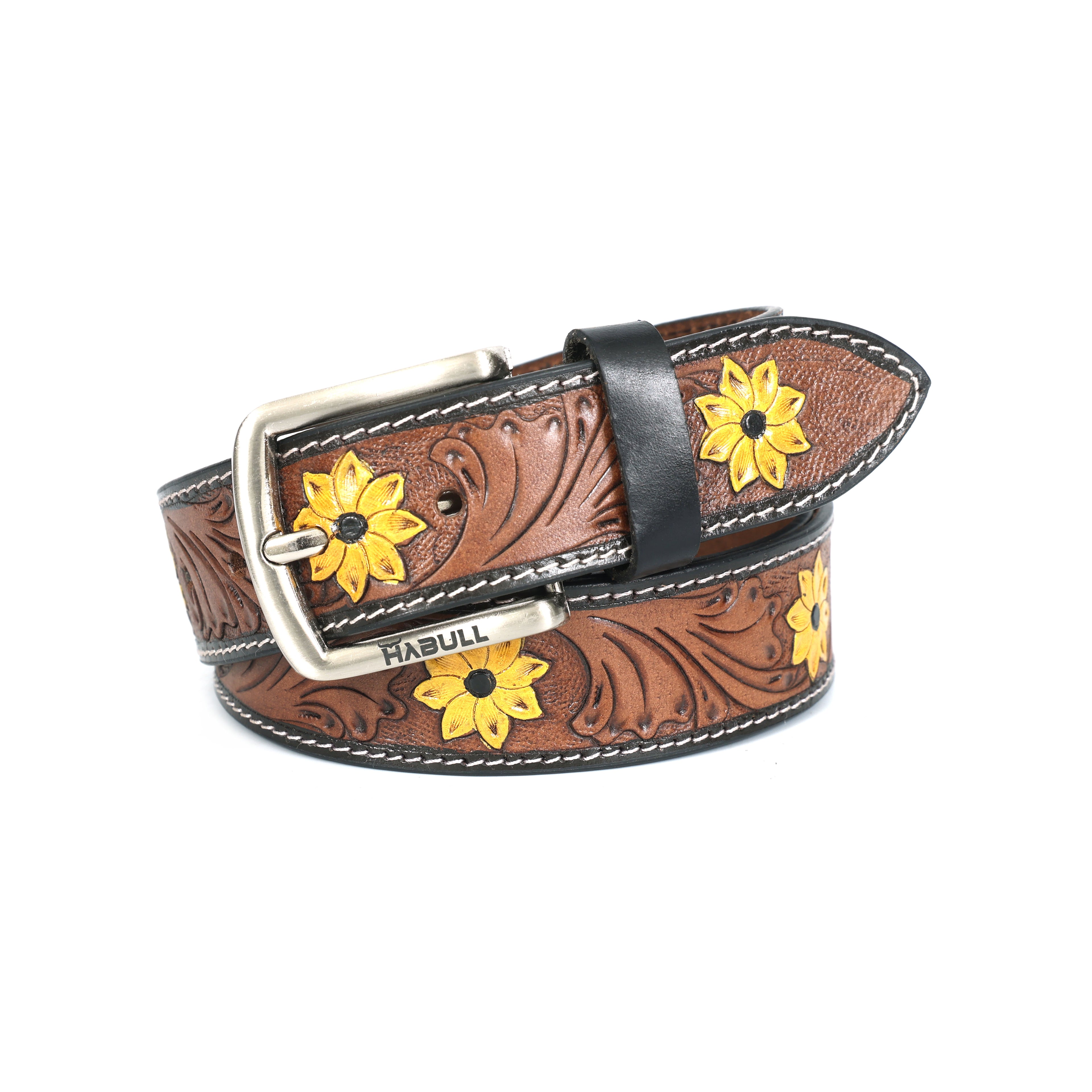 Handcrafted Tooled Leather Belt with Yellow Floral Engravings – Premium Western Brown Belt