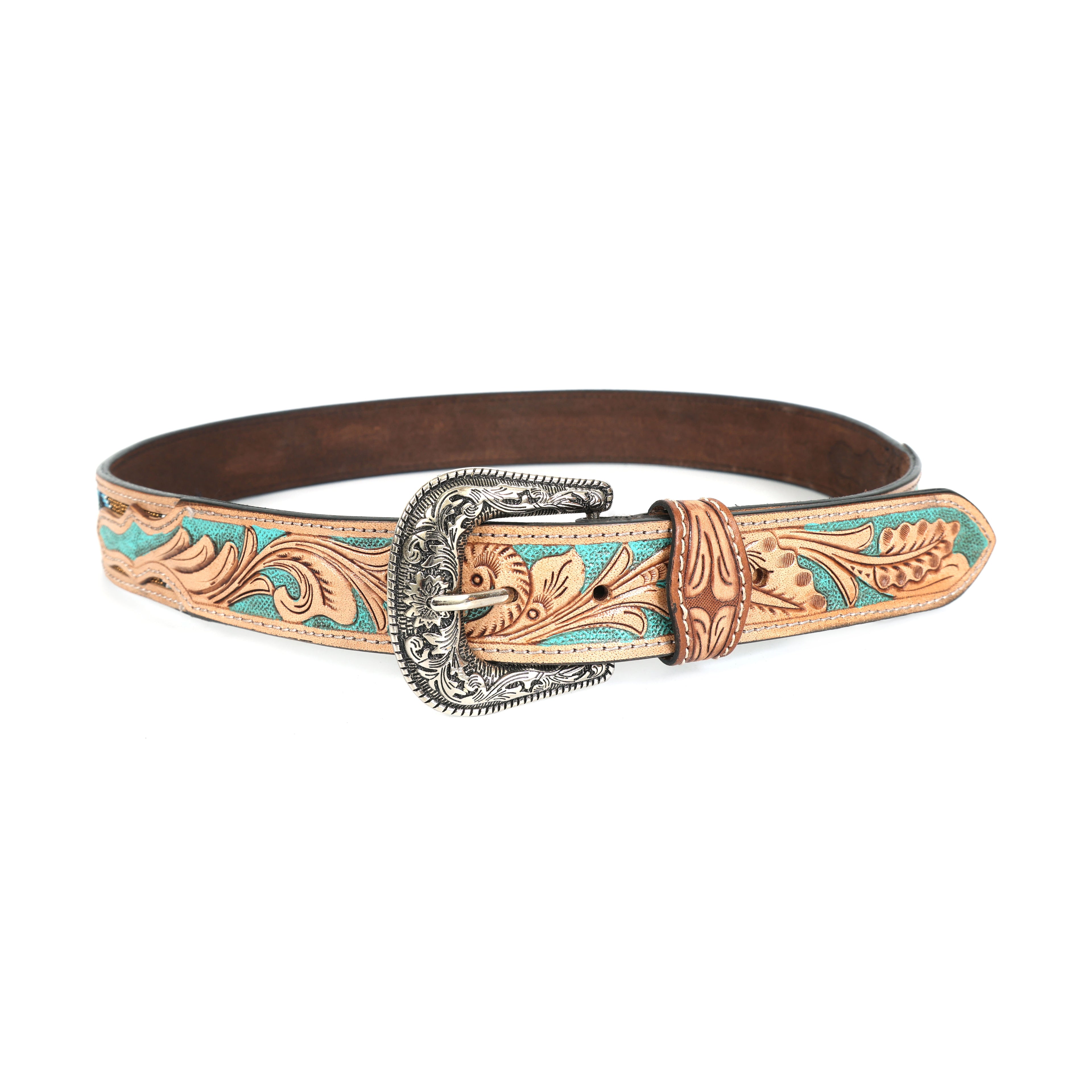 Handcrafted Tooled Leather Belt with Turquoise Floral Design | Blue Beaded Western Belt with Engraved Buckle | Premium Handmade Cowhide Belt