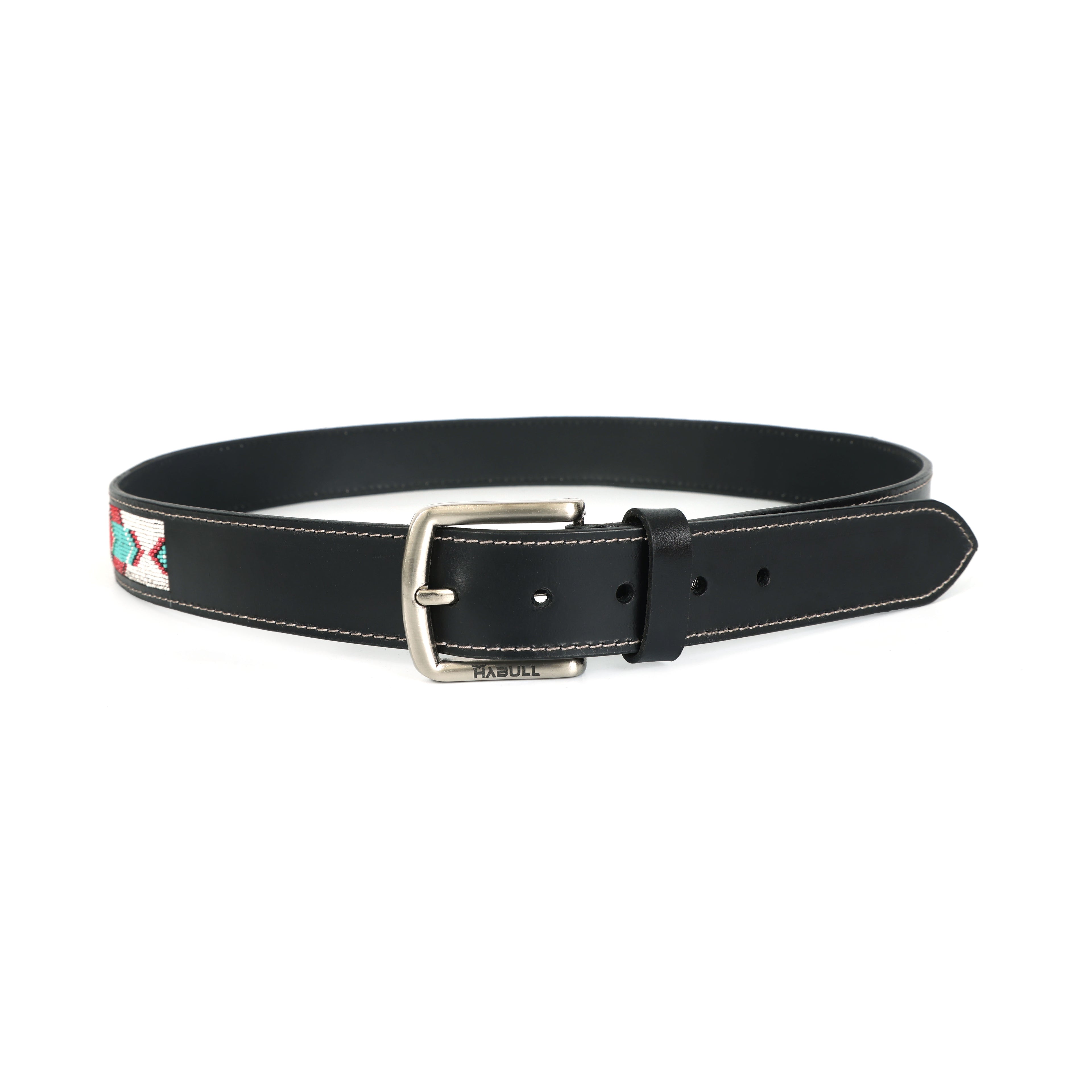 Handcrafted Beaded Leather Belt – Premium Black Leather with Colorful Artisan Detailing