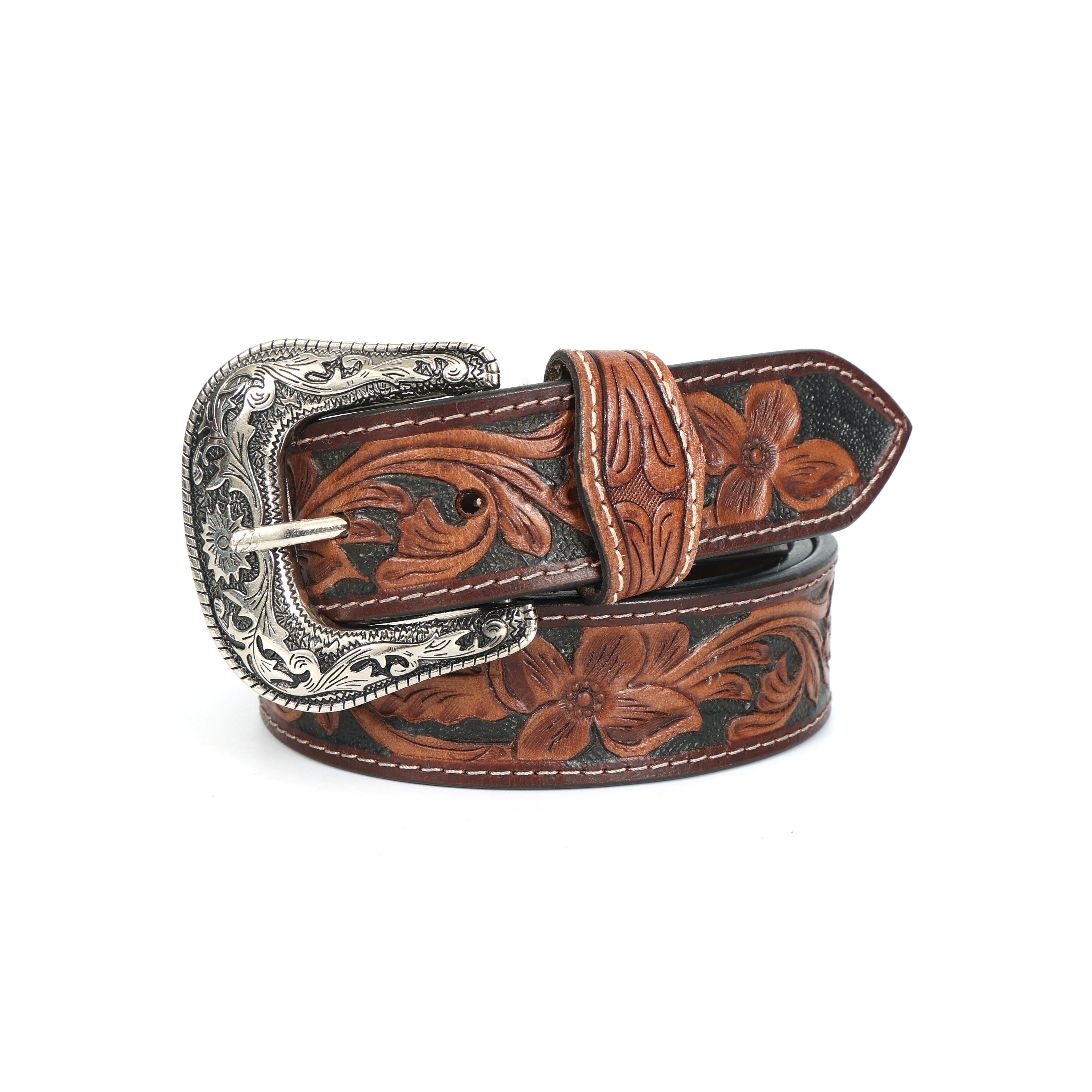 Handcrafted Brown Tooled Leather Belt | Floral Tooling Western Belt with Engraved Metal Buckle | Premium Handmade Cowhide Belt