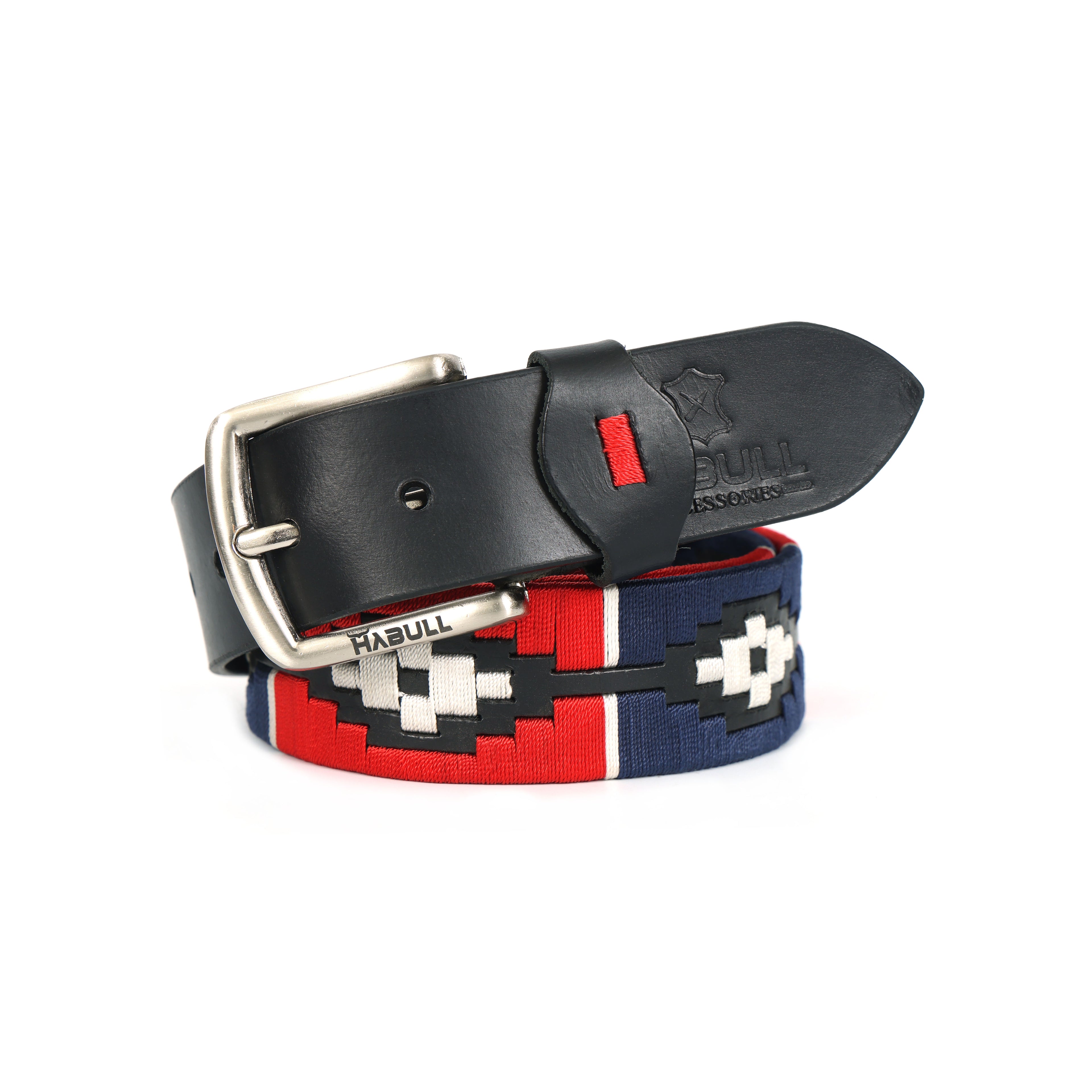 Handcrafted Black Leather Polo Belt with Red, Blue & White Stitching | Premium Handmade Belt with Metal Buckle + Free Matching Keyring