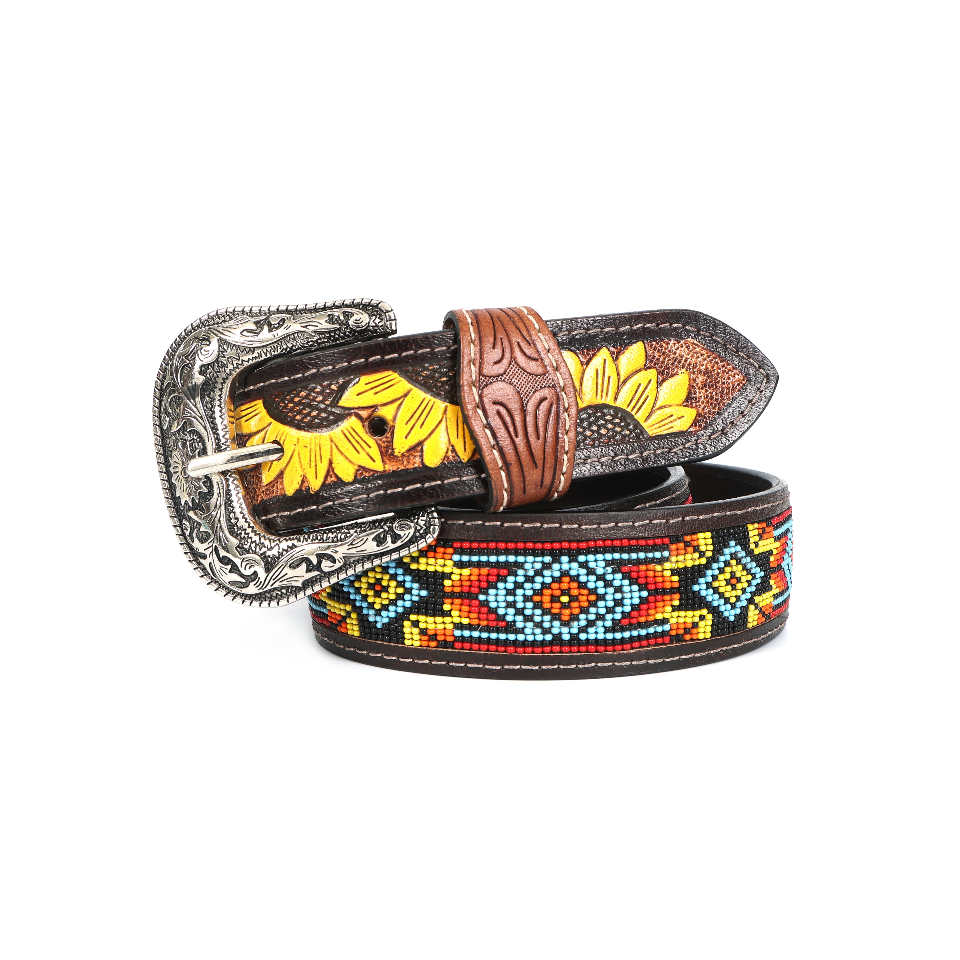 Handcrafted Beaded & Tooled Leather Belt – Sunflower & Tribal Pattern