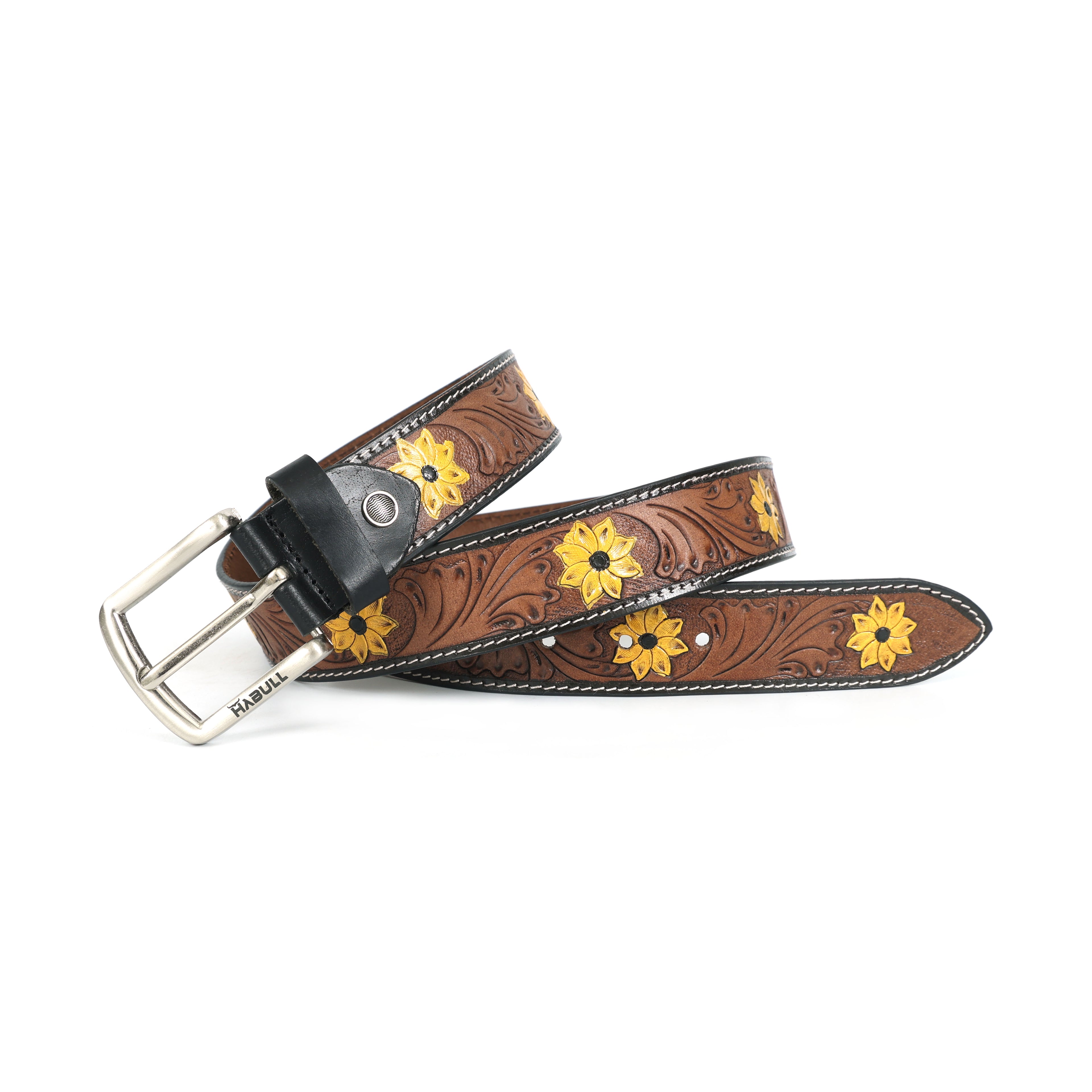 Handcrafted Tooled Leather Belt with Yellow Floral Engravings – Premium Western Brown Belt