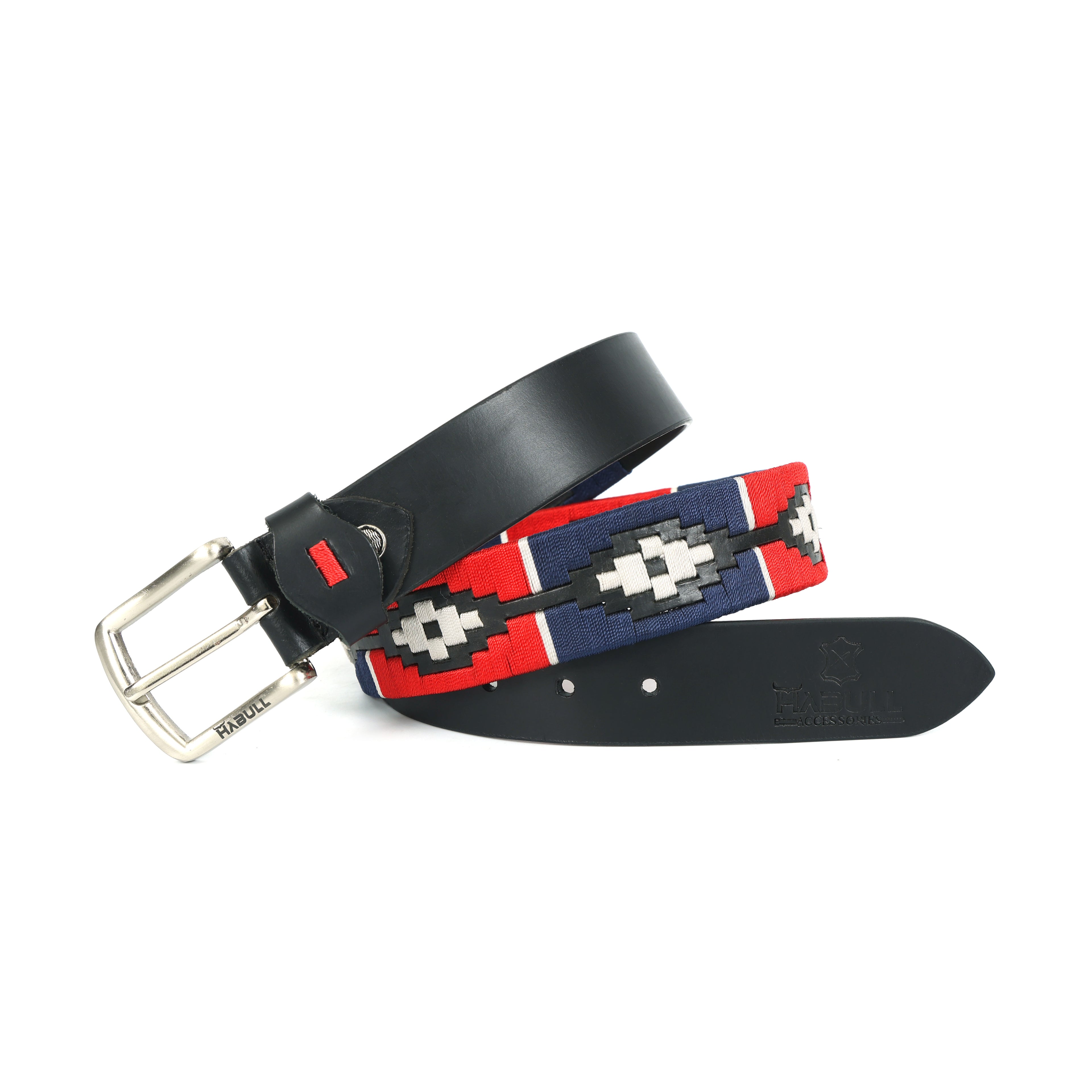 Handcrafted Black Leather Polo Belt with Red, Blue & White Stitching | Premium Handmade Belt with Metal Buckle + Free Matching Keyring