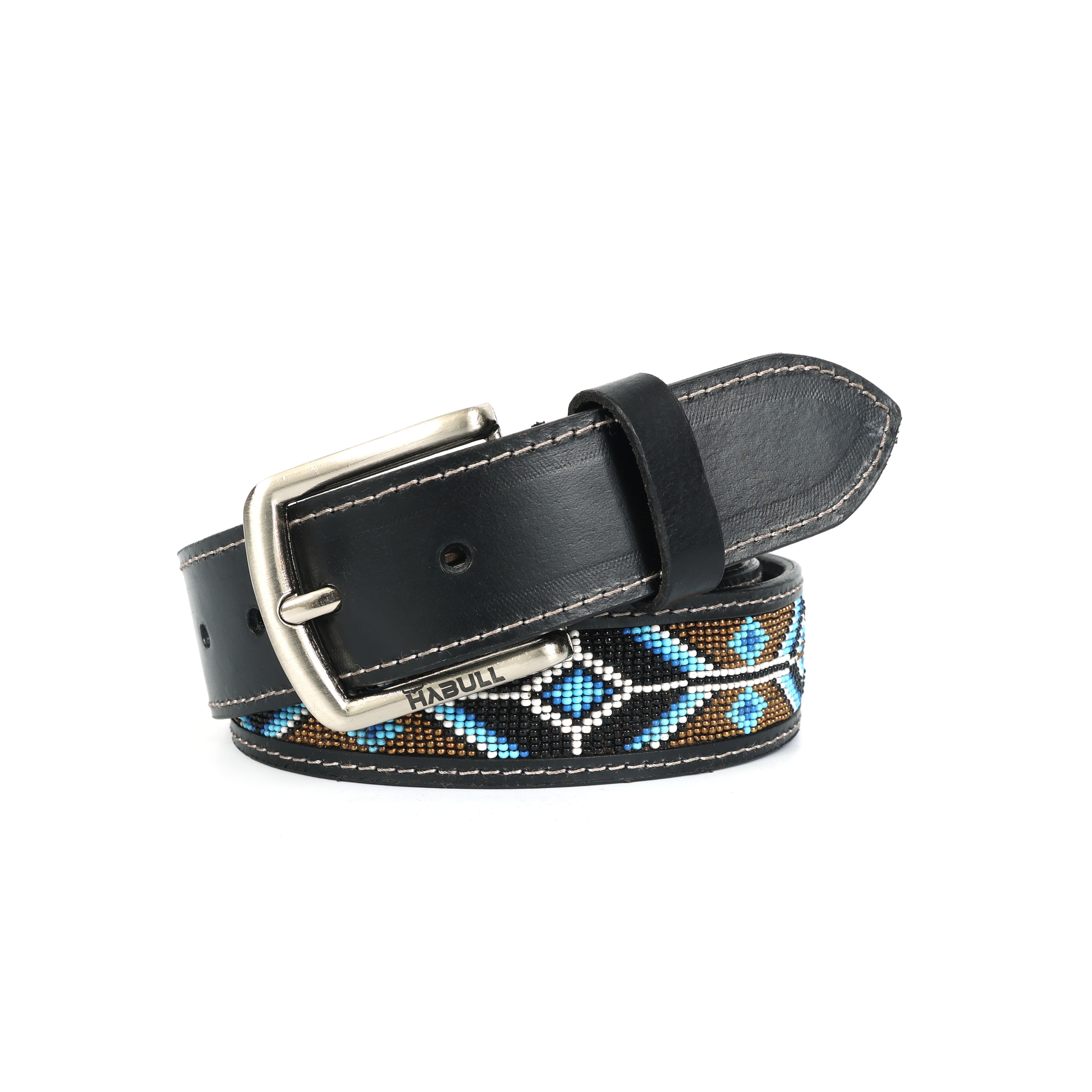 Handcrafted Beaded Leather Belt – Premium Black Leather with Blue Tribal Patter