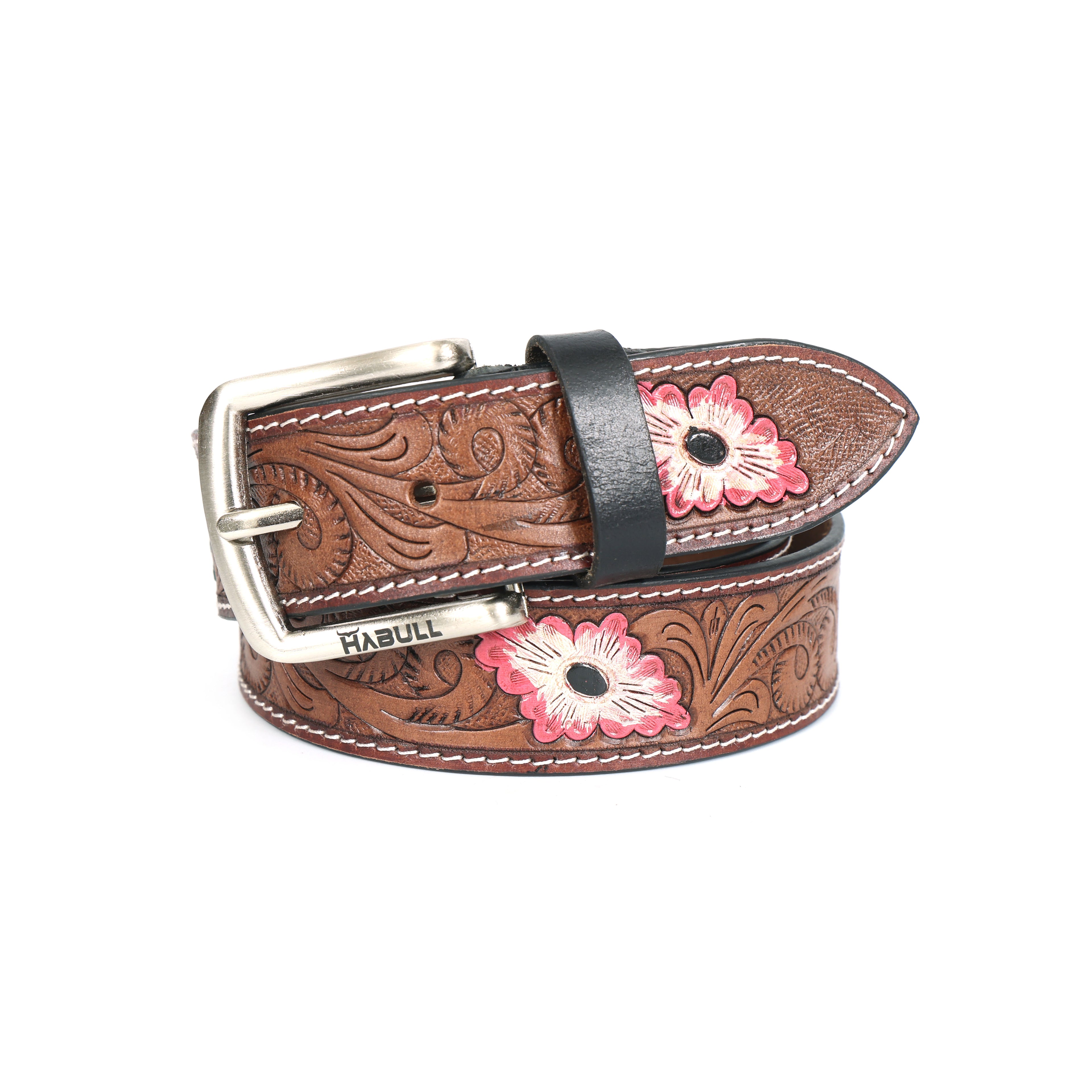 Hand-Tooled Leather Belt with Multicolor Floral Engraving – Western Cowgirl & Cowboy Style