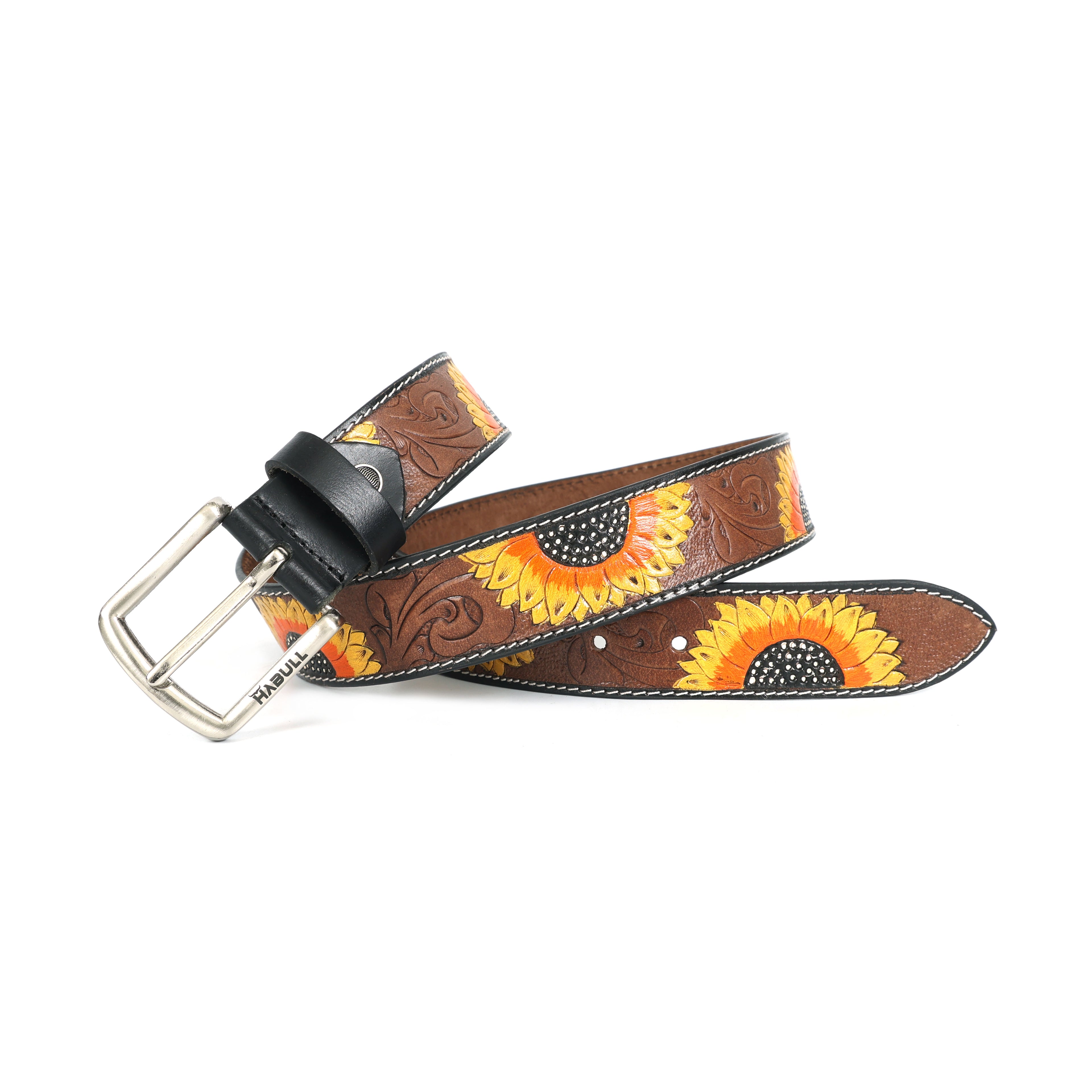 Handcrafted Sunflower Tooled Leather Belt – Premium Brown Leather with Floral Detailing