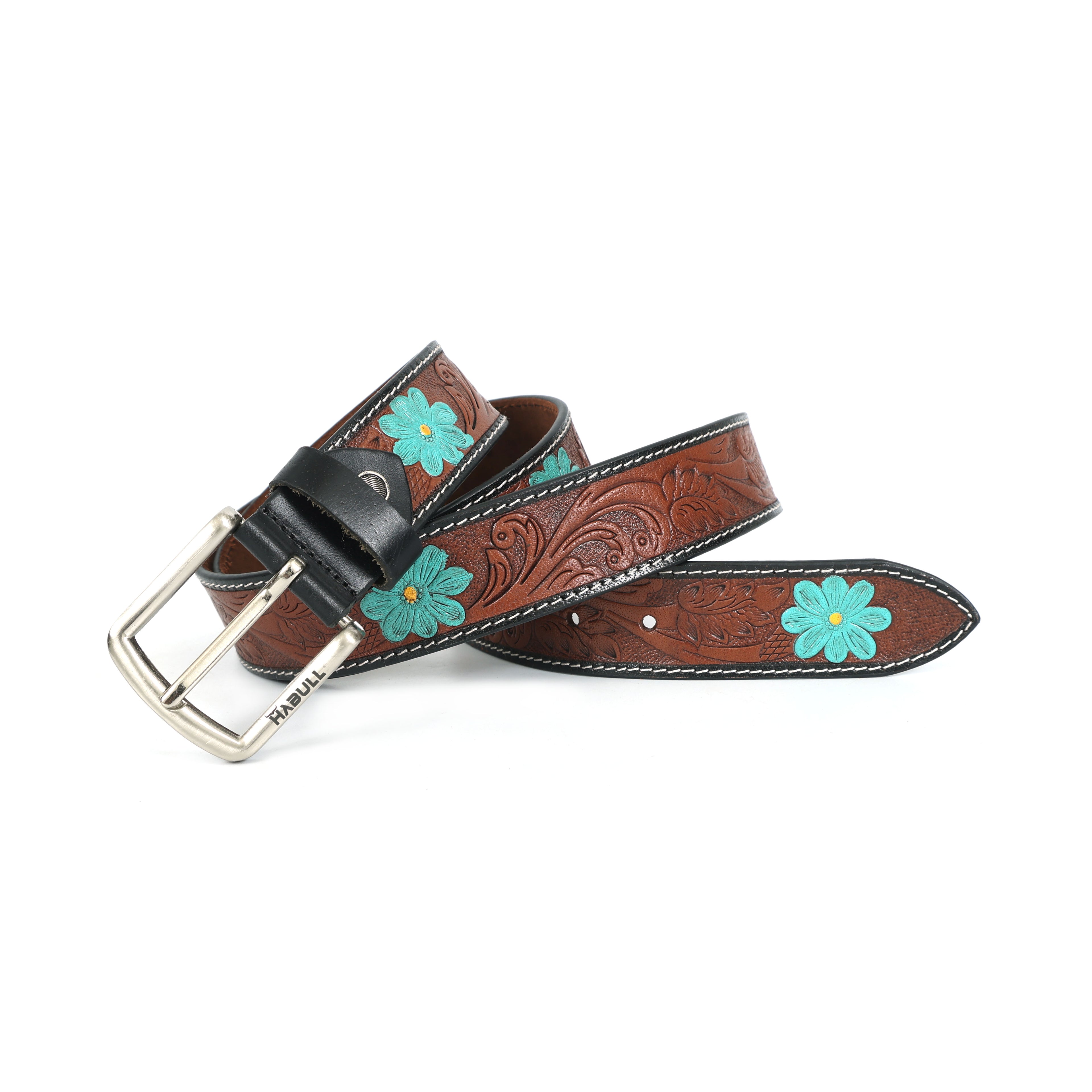 Handcrafted Tooled Leather Belt with Turquoise Floral Accents – Premium Brown Western Belt