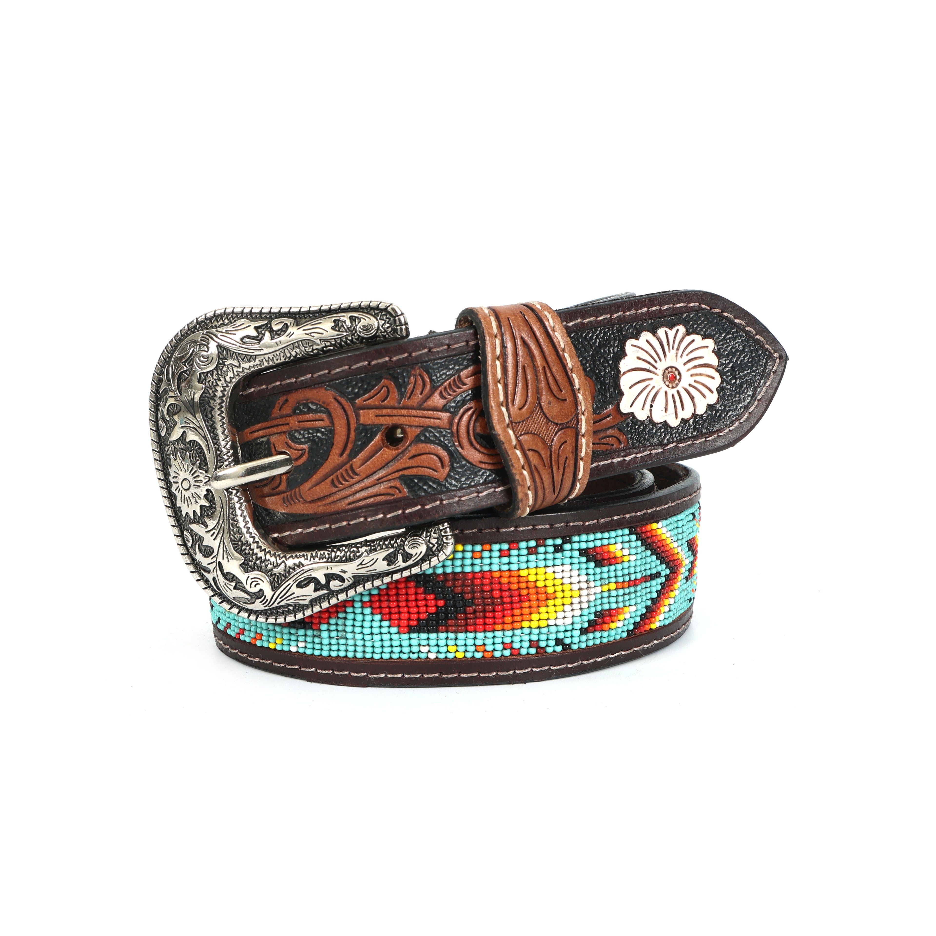 Handcrafted Western Beaded Leather Belt – Premium Tooled Leather with Turquoise & Sunset Beadwork