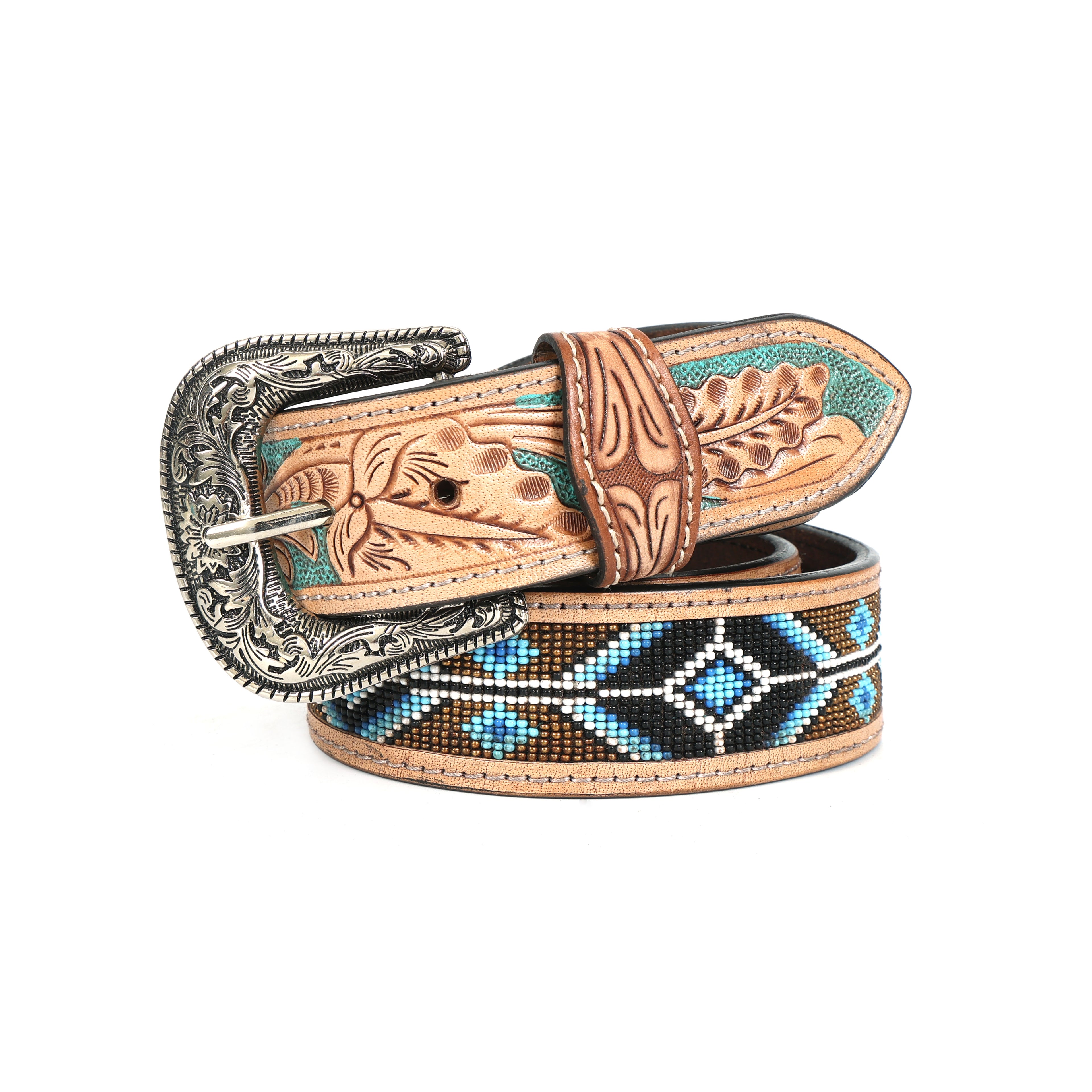 Handcrafted Tooled Leather Belt with Turquoise Floral Design | Blue Beaded Western Belt with Engraved Buckle | Premium Handmade Cowhide Belt