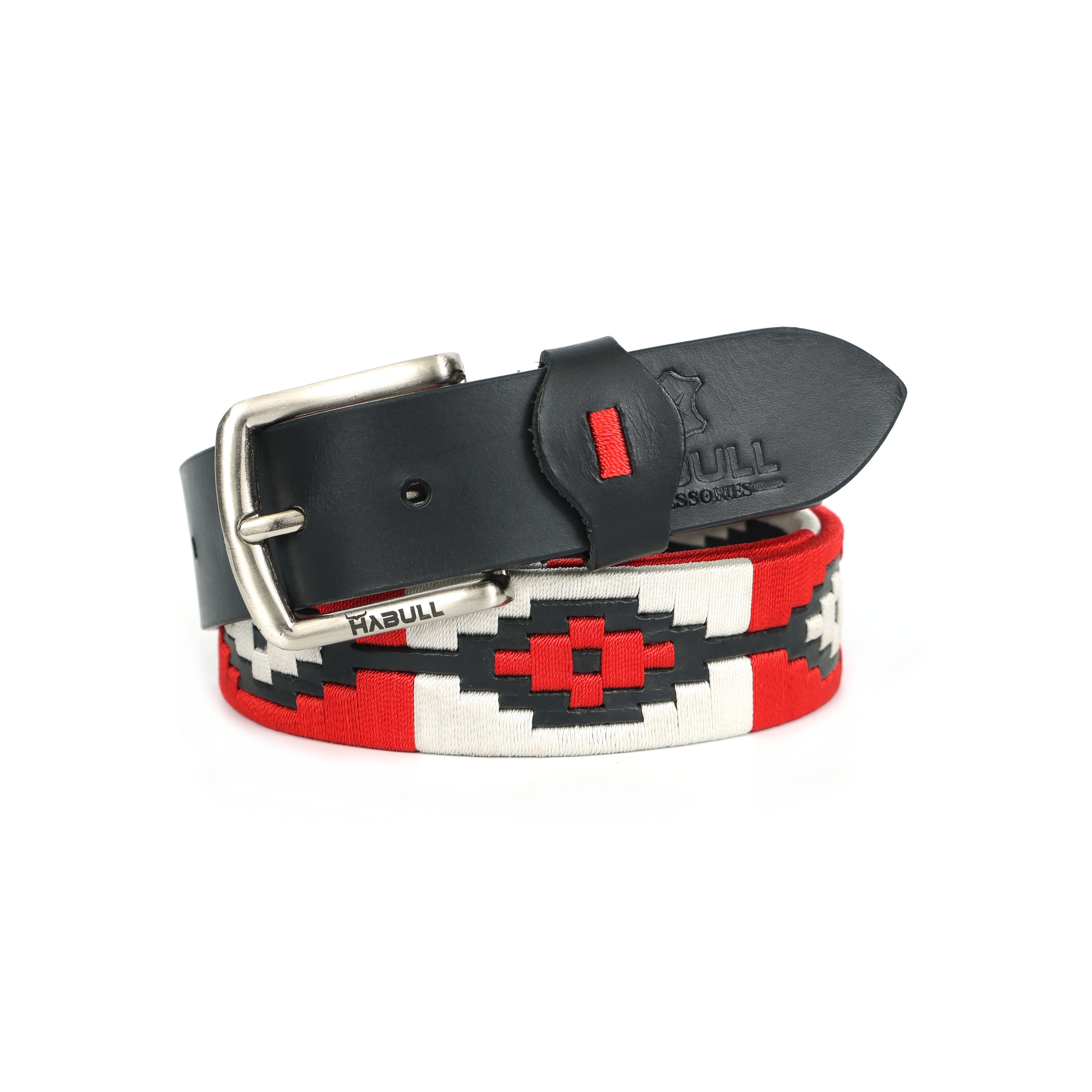 Handcrafted Black Leather Polo Belt with Red & White Stitching | Metal Buckle | Premium Handmade Belt + Free Matching Keyring