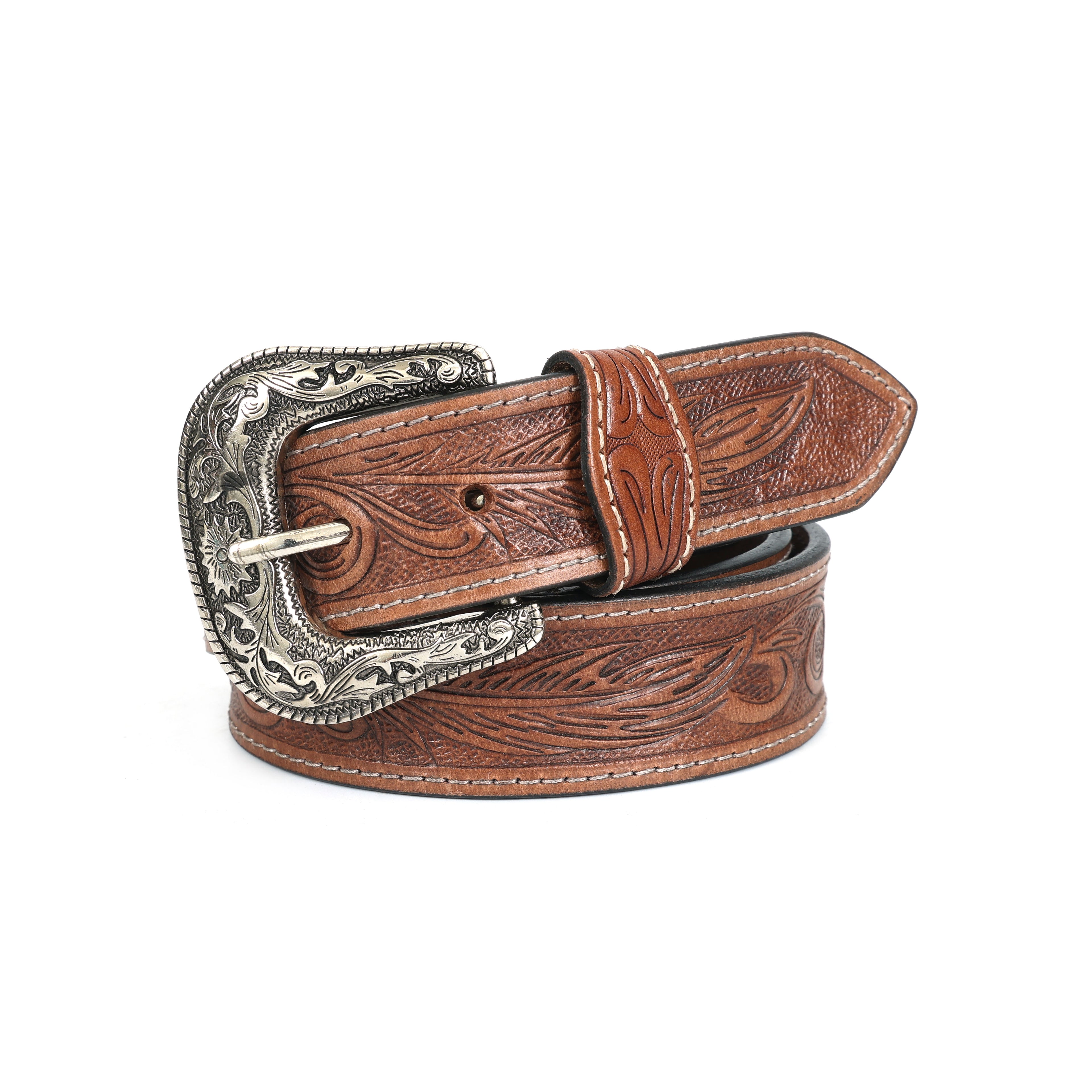 Handcrafted Brown Tooled Leather Belt with Antique Silver Buckle | Western Style Genuine Leather Belt
