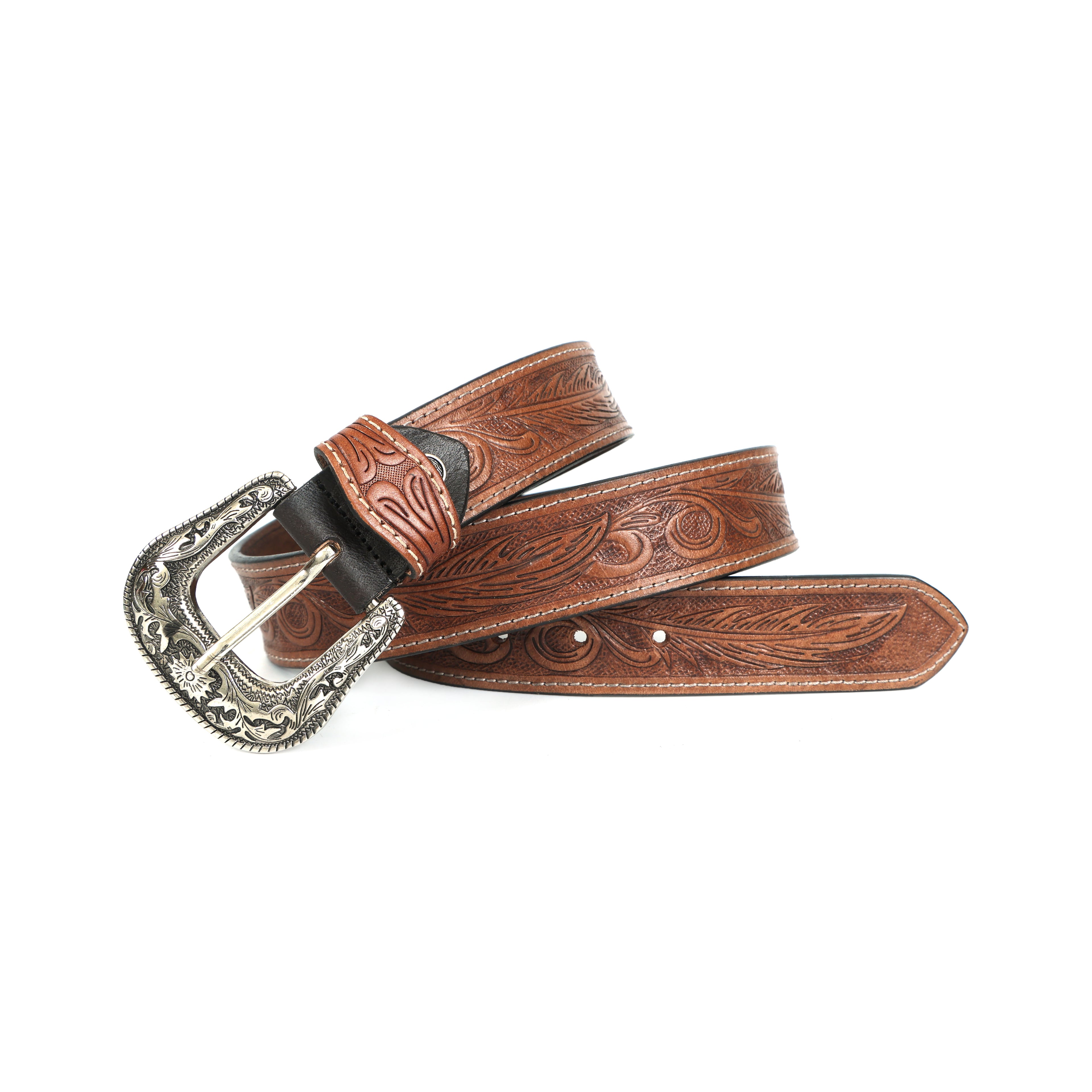 Handcrafted Brown Tooled Leather Belt with Antique Silver Buckle | Western Style Genuine Leather Belt