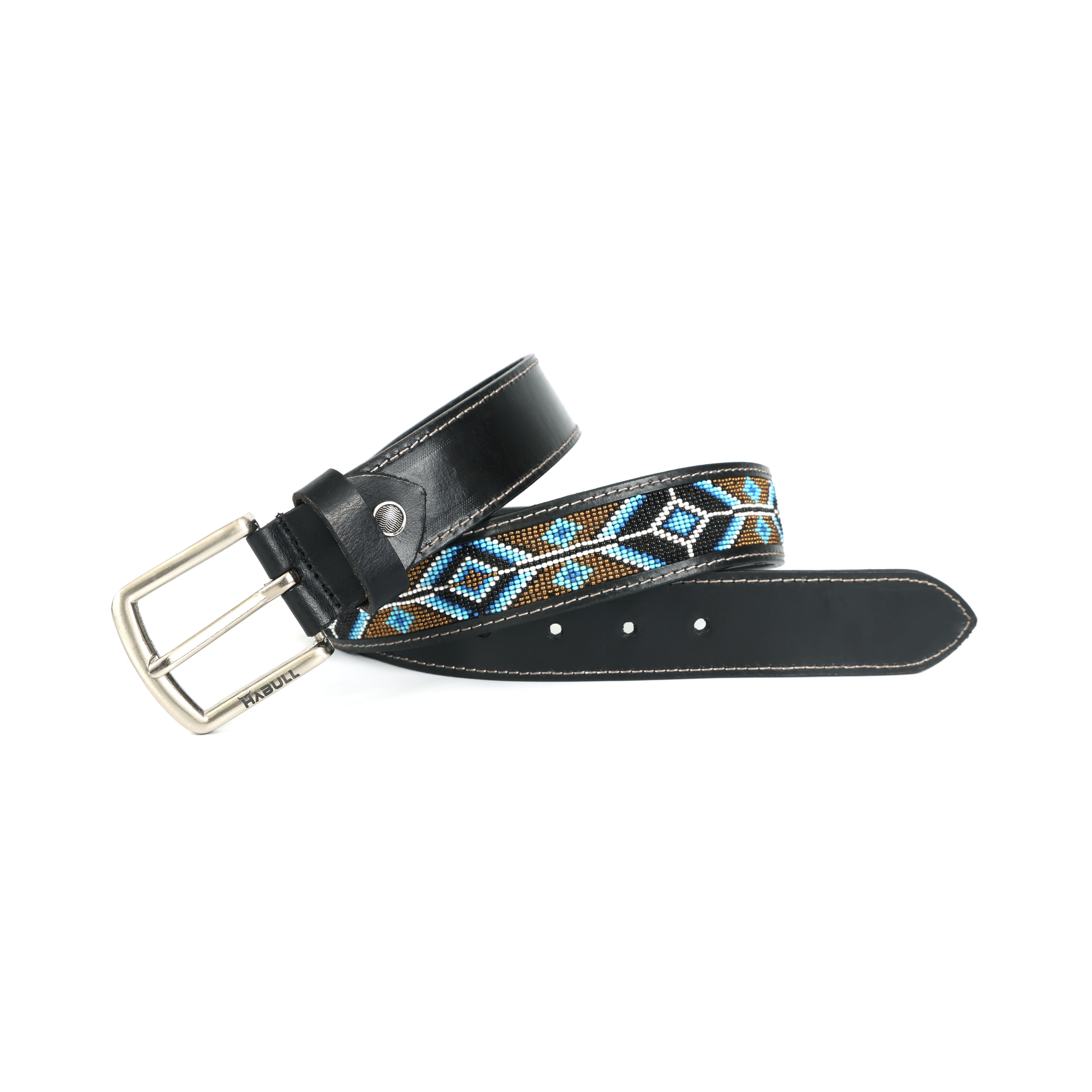 Handcrafted Beaded Leather Belt – Premium Black Leather with Blue Tribal Patter
