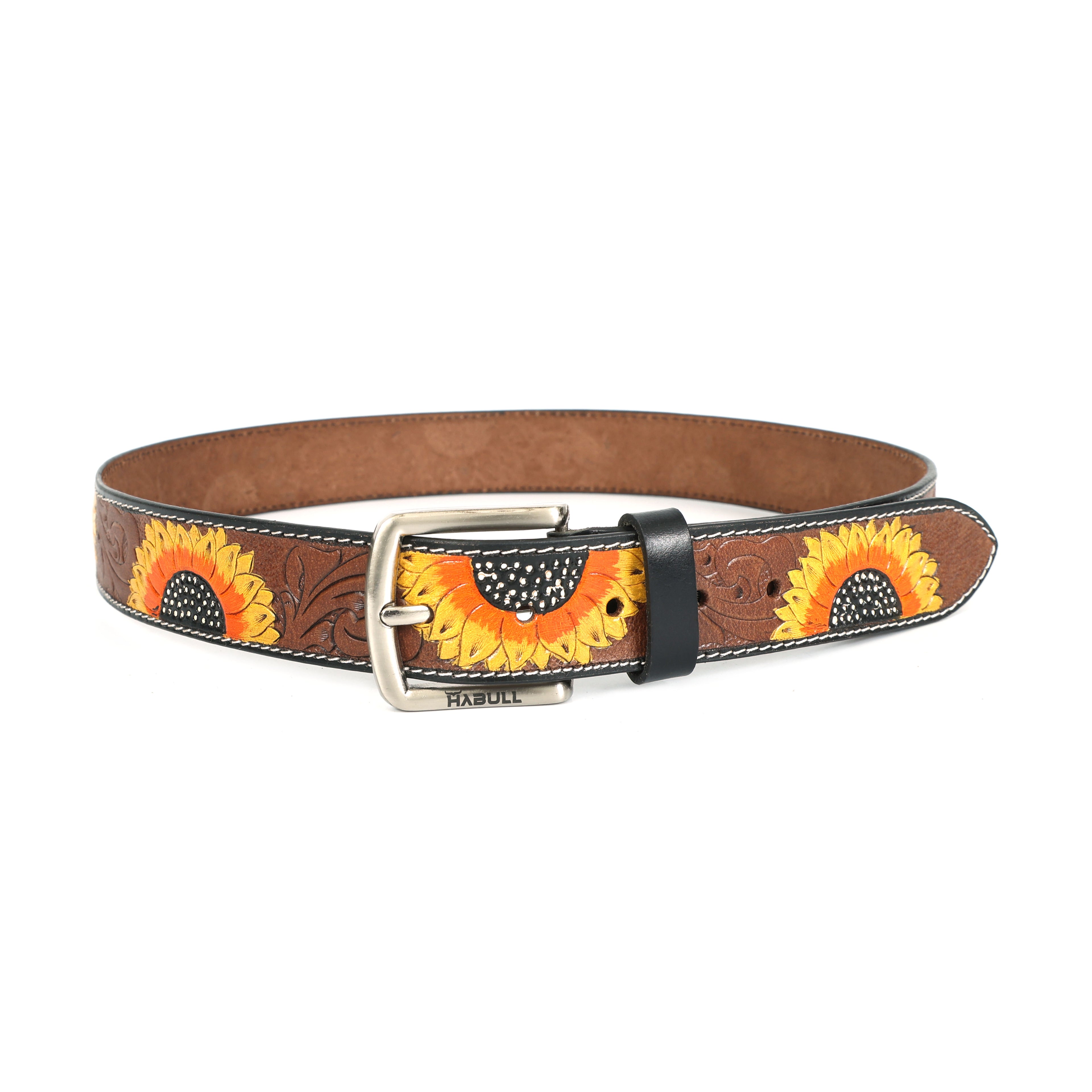 Handcrafted Sunflower Tooled Leather Belt – Premium Brown Leather with Floral Detailing
