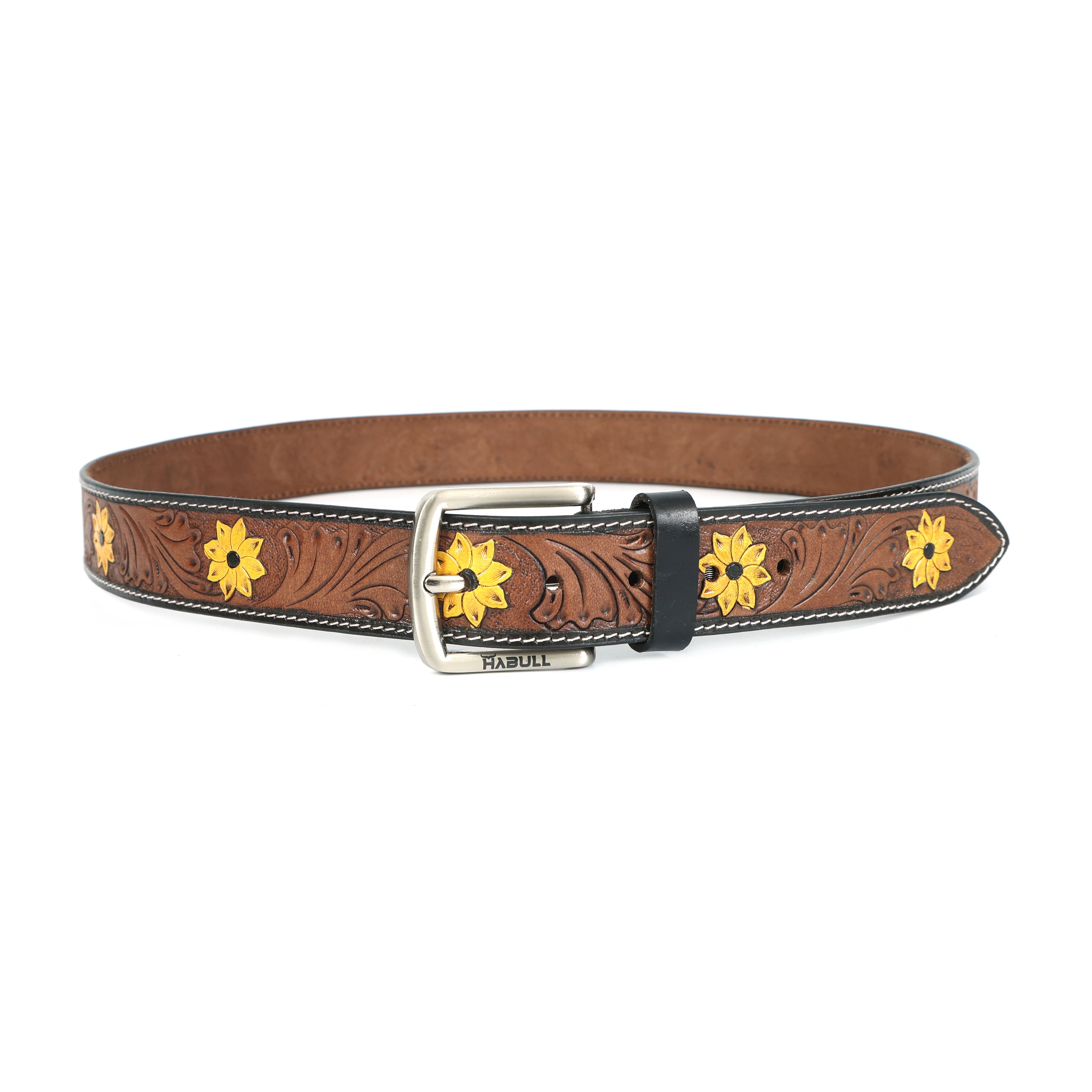 Handcrafted Tooled Leather Belt with Yellow Floral Engravings – Premium Western Brown Belt