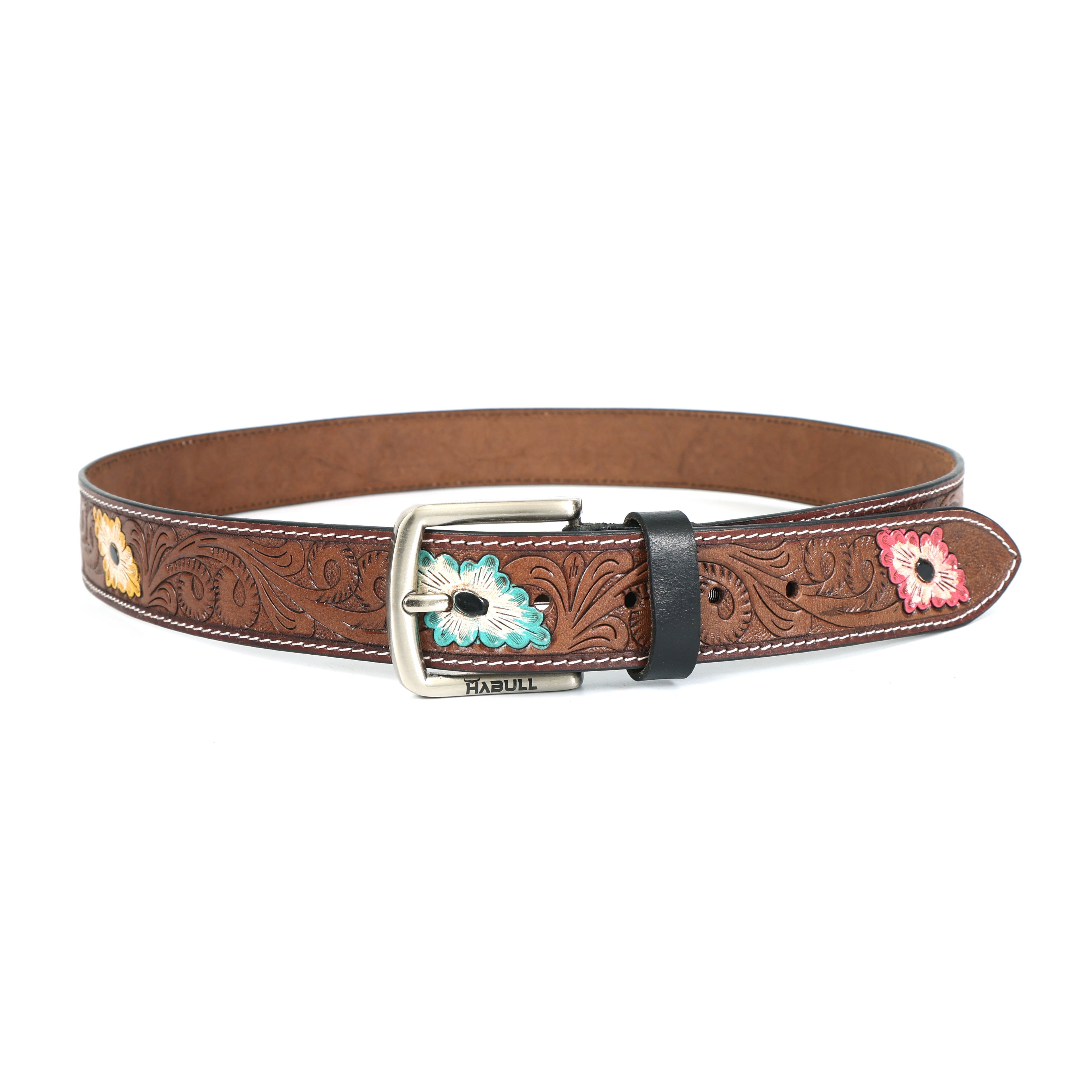 Hand-Tooled Leather Belt with Multicolor Floral Engraving – Western Cowgirl & Cowboy Style