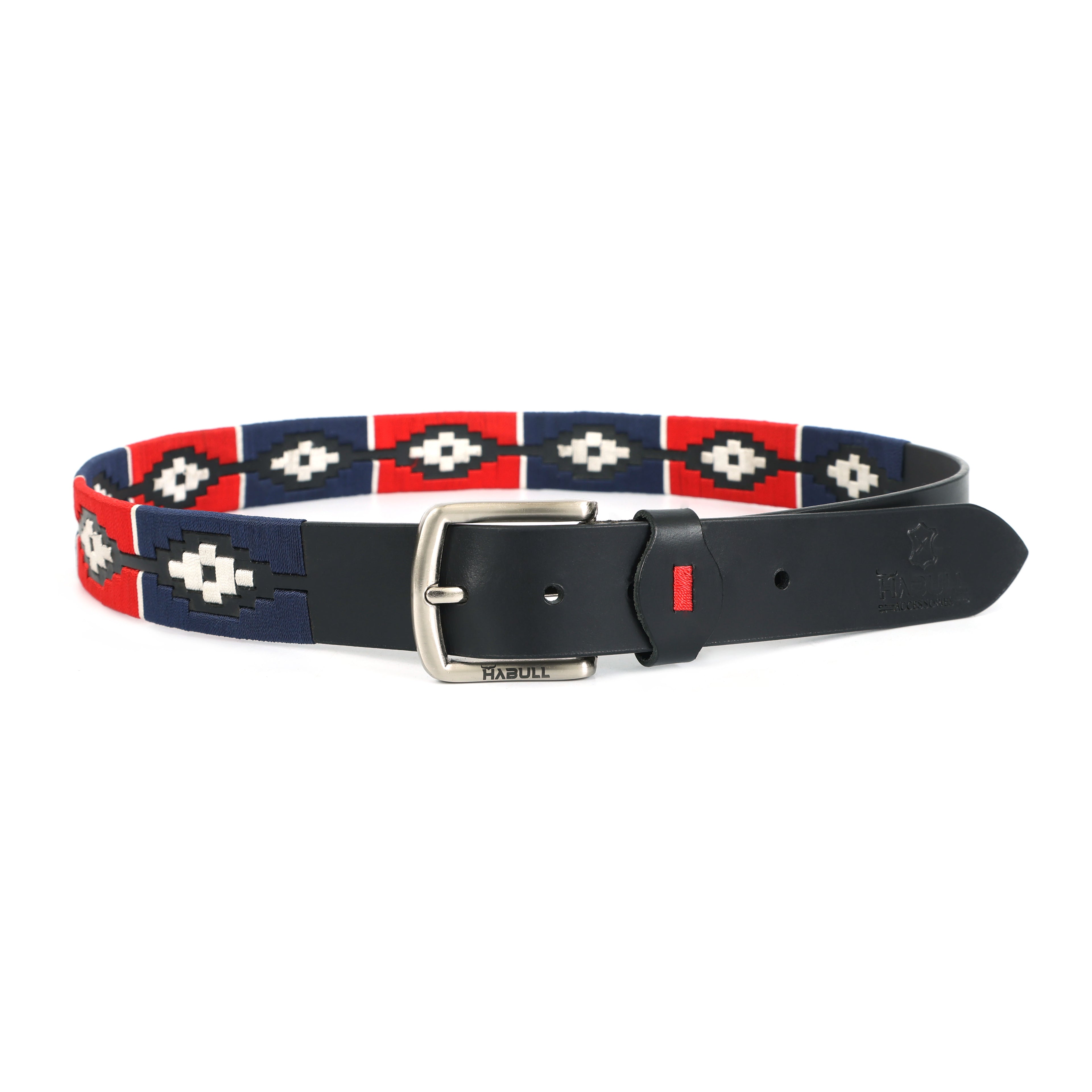 Handcrafted Black Leather Polo Belt with Red, Blue & White Stitching | Premium Handmade Belt with Metal Buckle + Free Matching Keyring