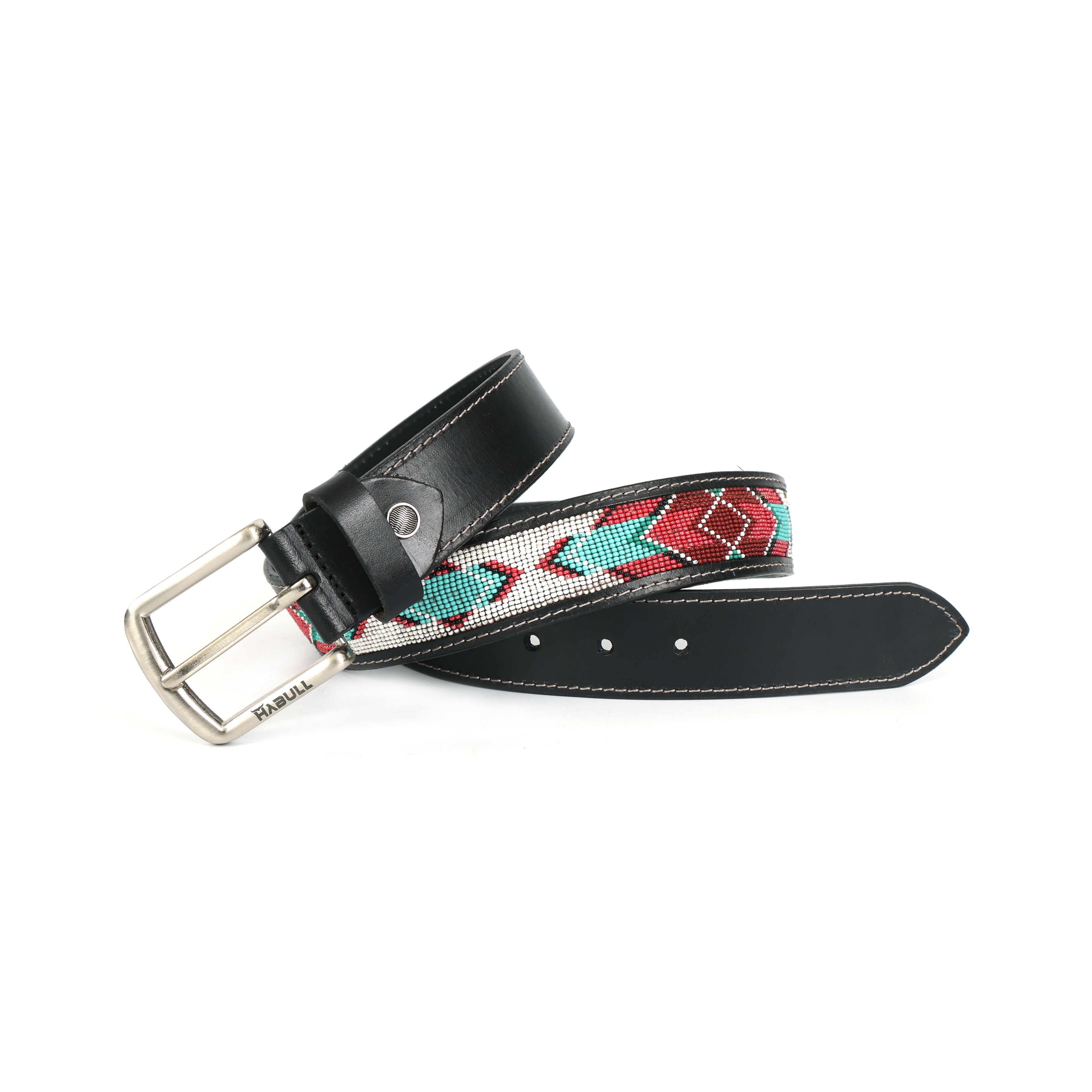 Handcrafted Beaded Leather Belt – Premium Black Leather with Colorful Artisan Detailing