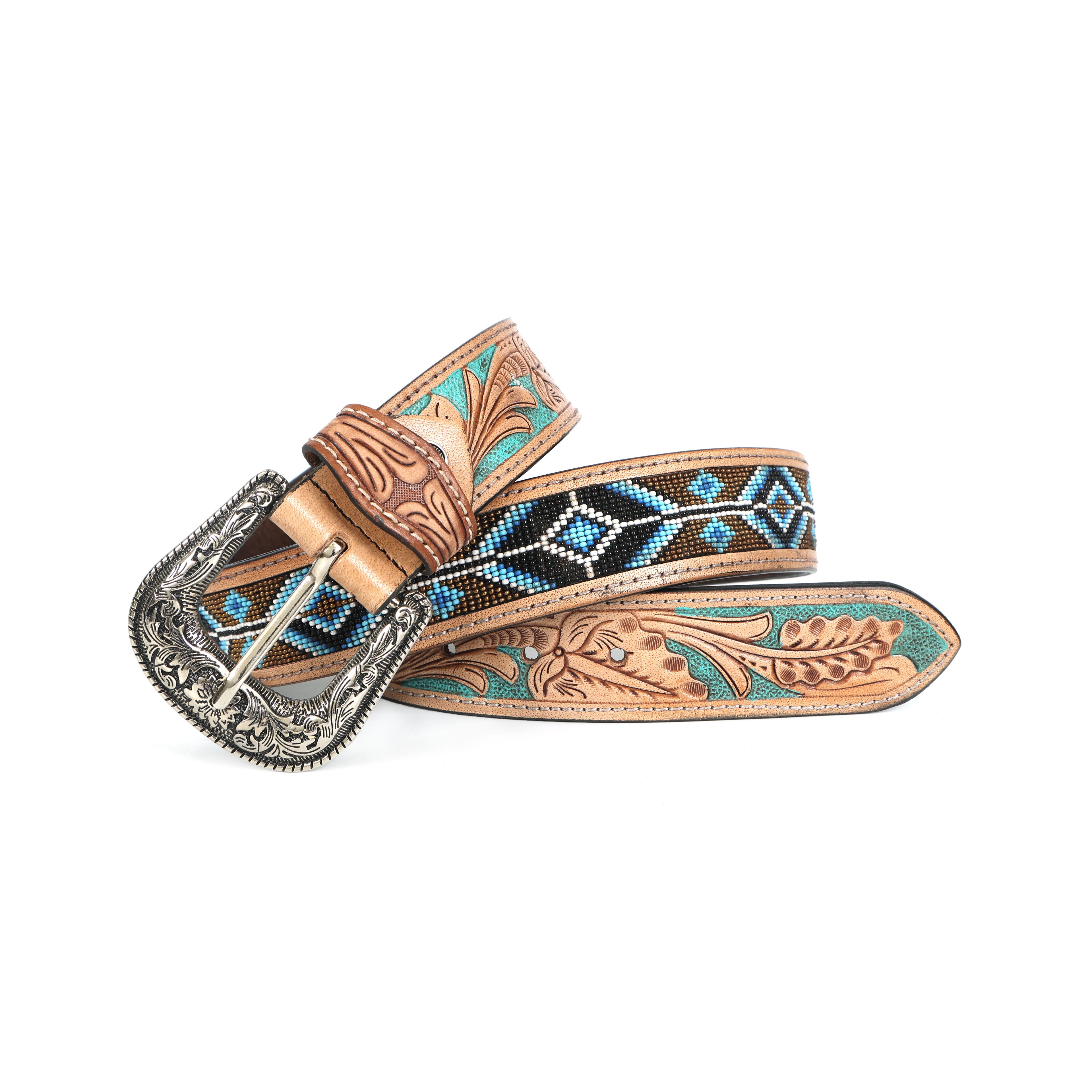 Handcrafted Tooled Leather Belt with Turquoise Floral Design | Blue Beaded Western Belt with Engraved Buckle | Premium Handmade Cowhide Belt