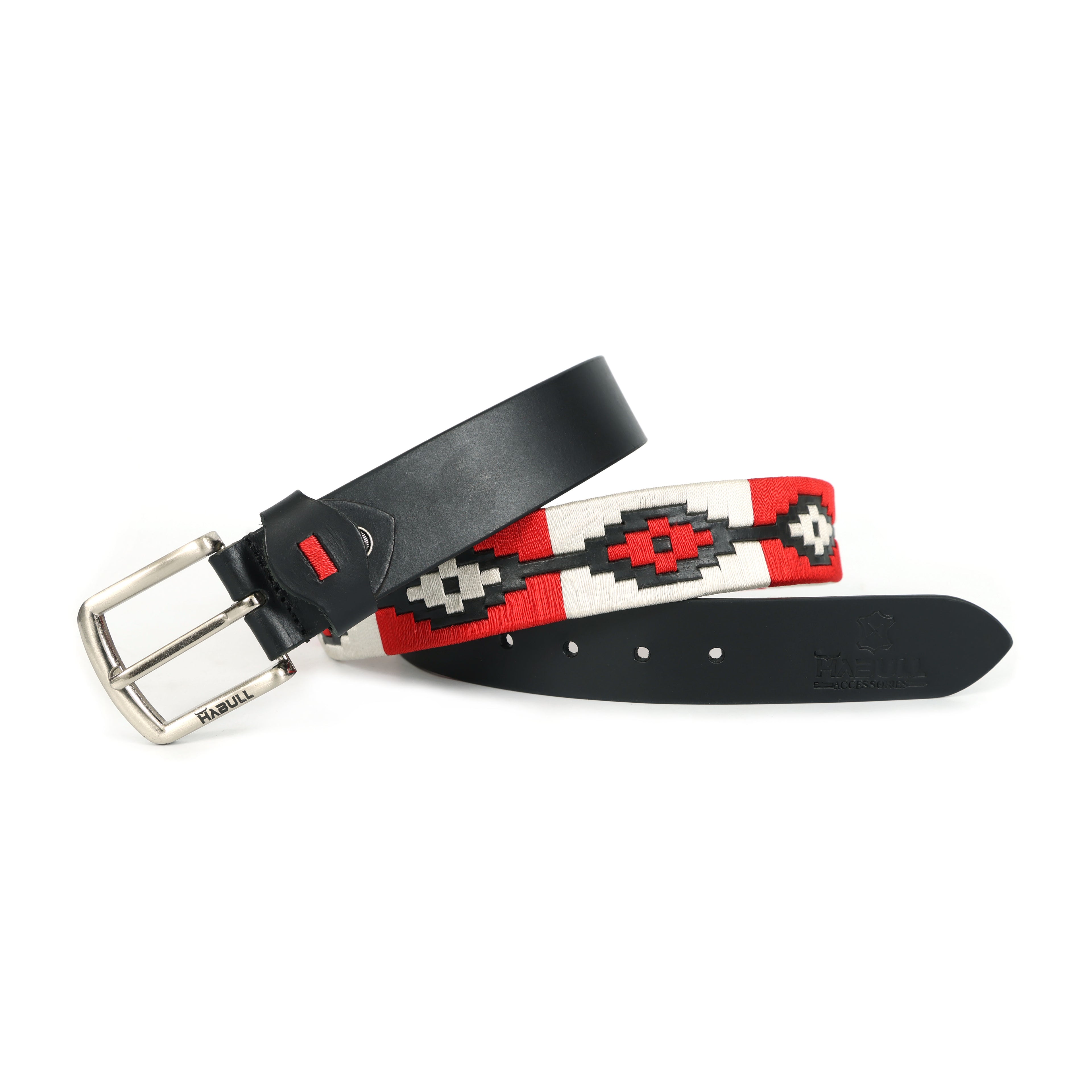 Handcrafted Black Leather Polo Belt with Red & White Stitching | Metal Buckle | Premium Handmade Belt + Free Matching Keyring