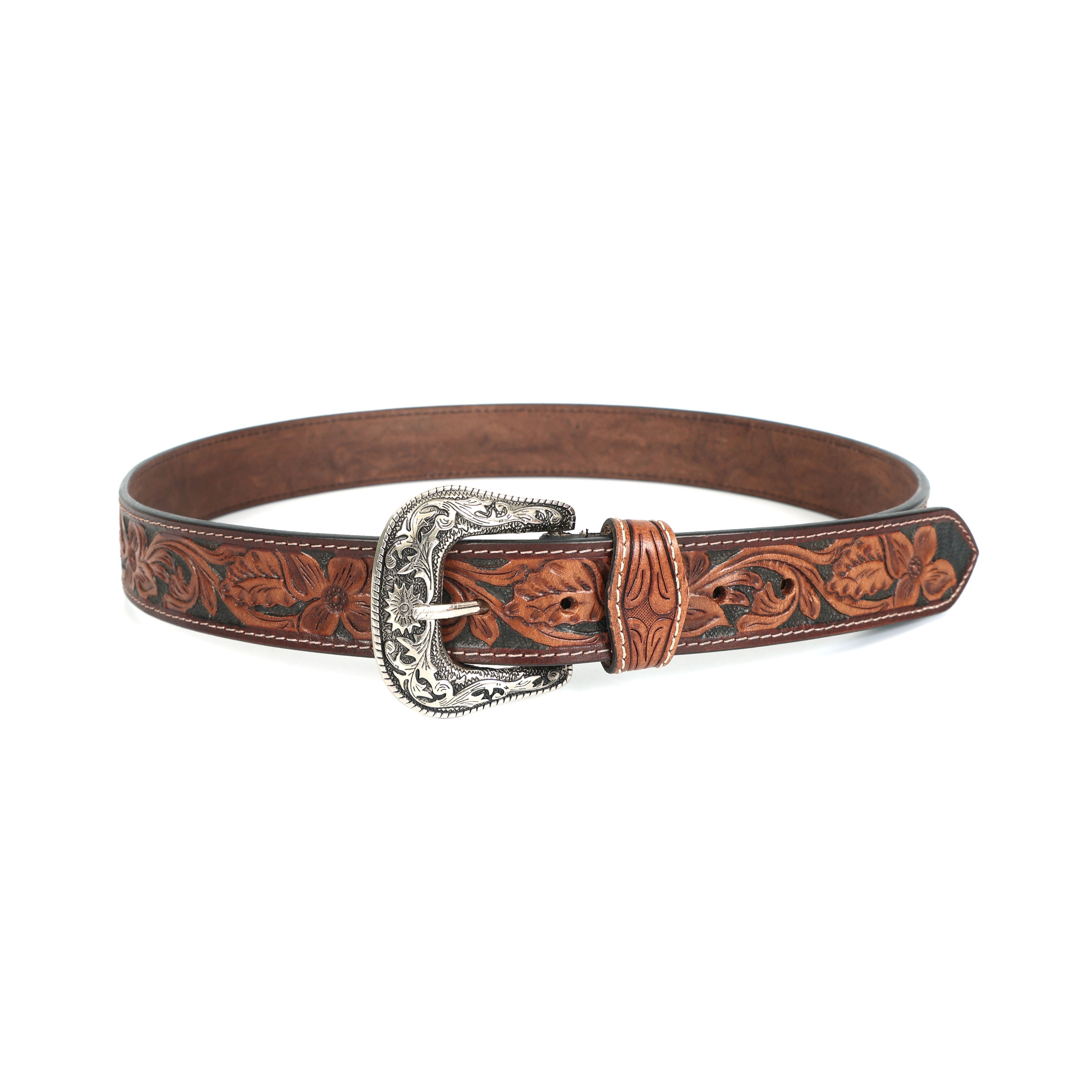 Handcrafted Brown Tooled Leather Belt | Floral Tooling Western Belt with Engraved Metal Buckle | Premium Handmade Cowhide Belt