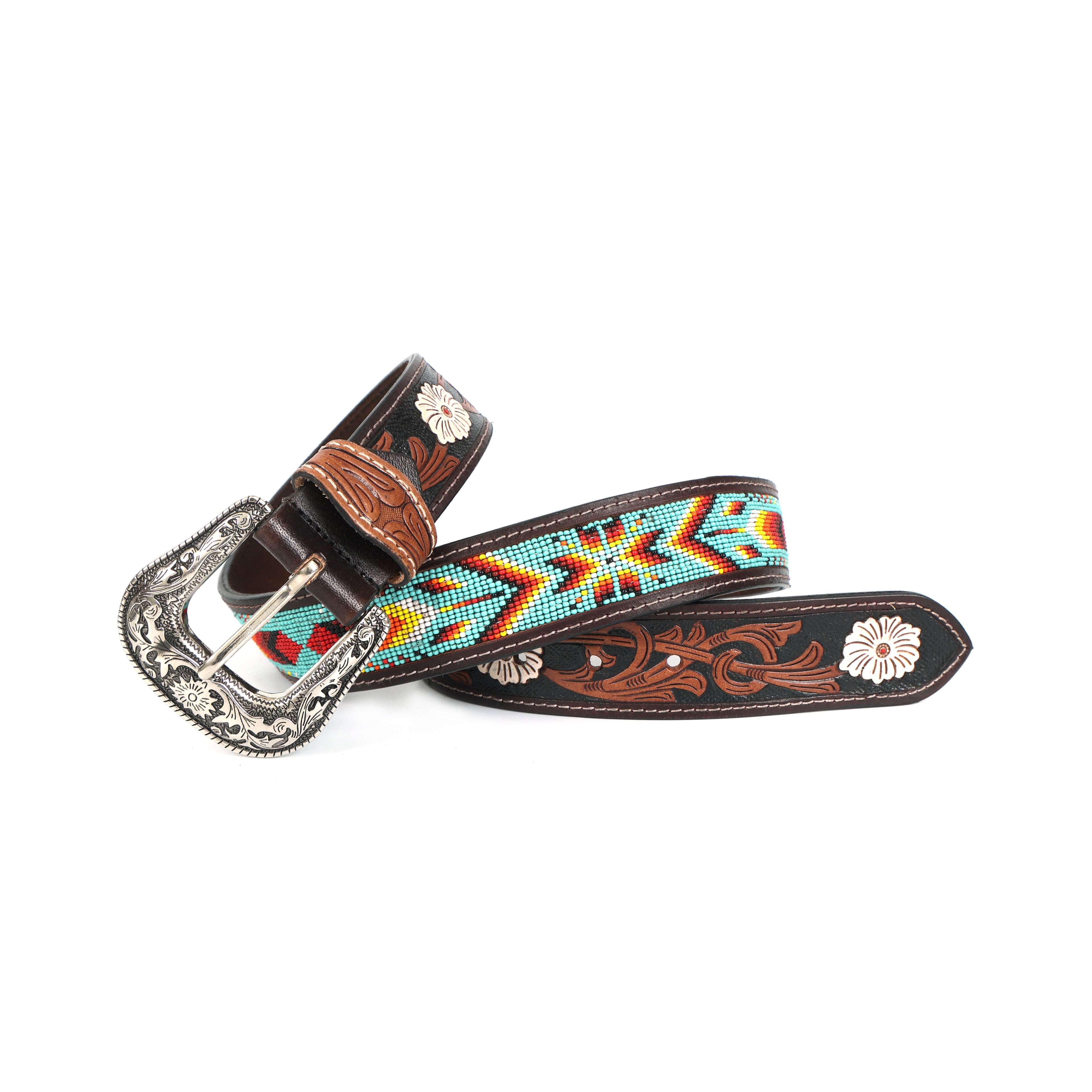 Handcrafted Western Beaded Leather Belt – Premium Tooled Leather with Turquoise & Sunset Beadwork