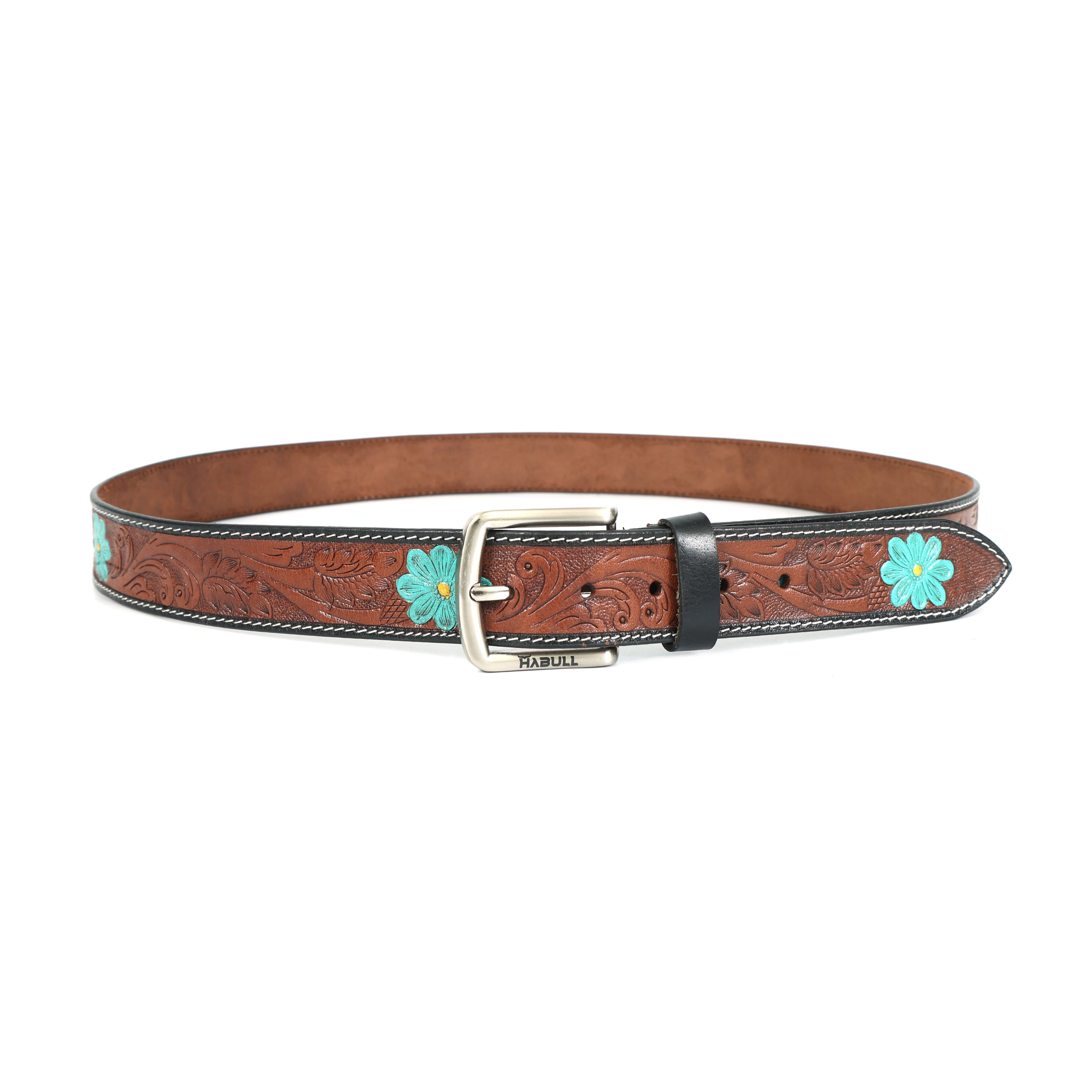 Handcrafted Tooled Leather Belt with Turquoise Floral Accents – Premium Brown Western Belt