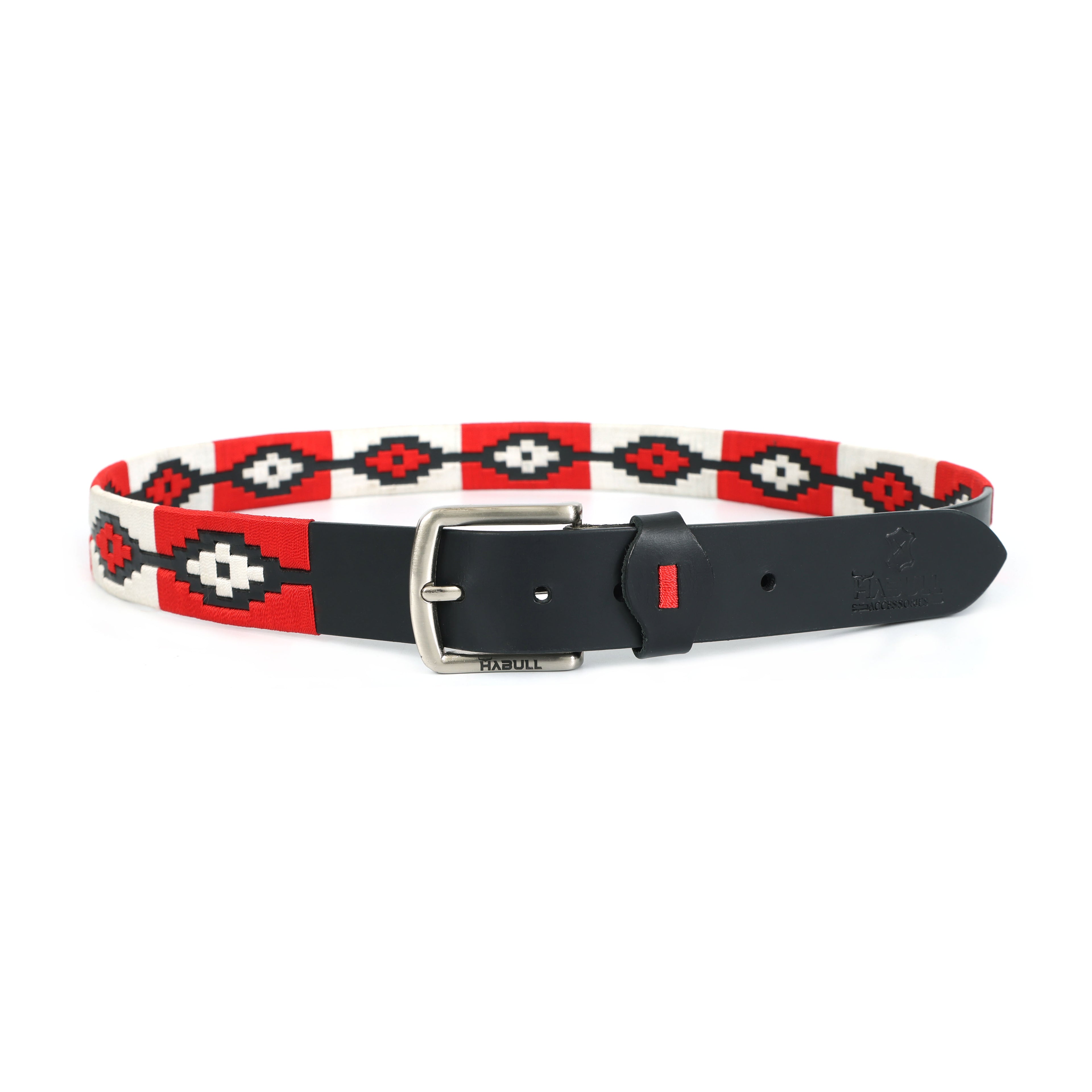 Handcrafted Black Leather Polo Belt with Red & White Stitching | Metal Buckle | Premium Handmade Belt + Free Matching Keyring