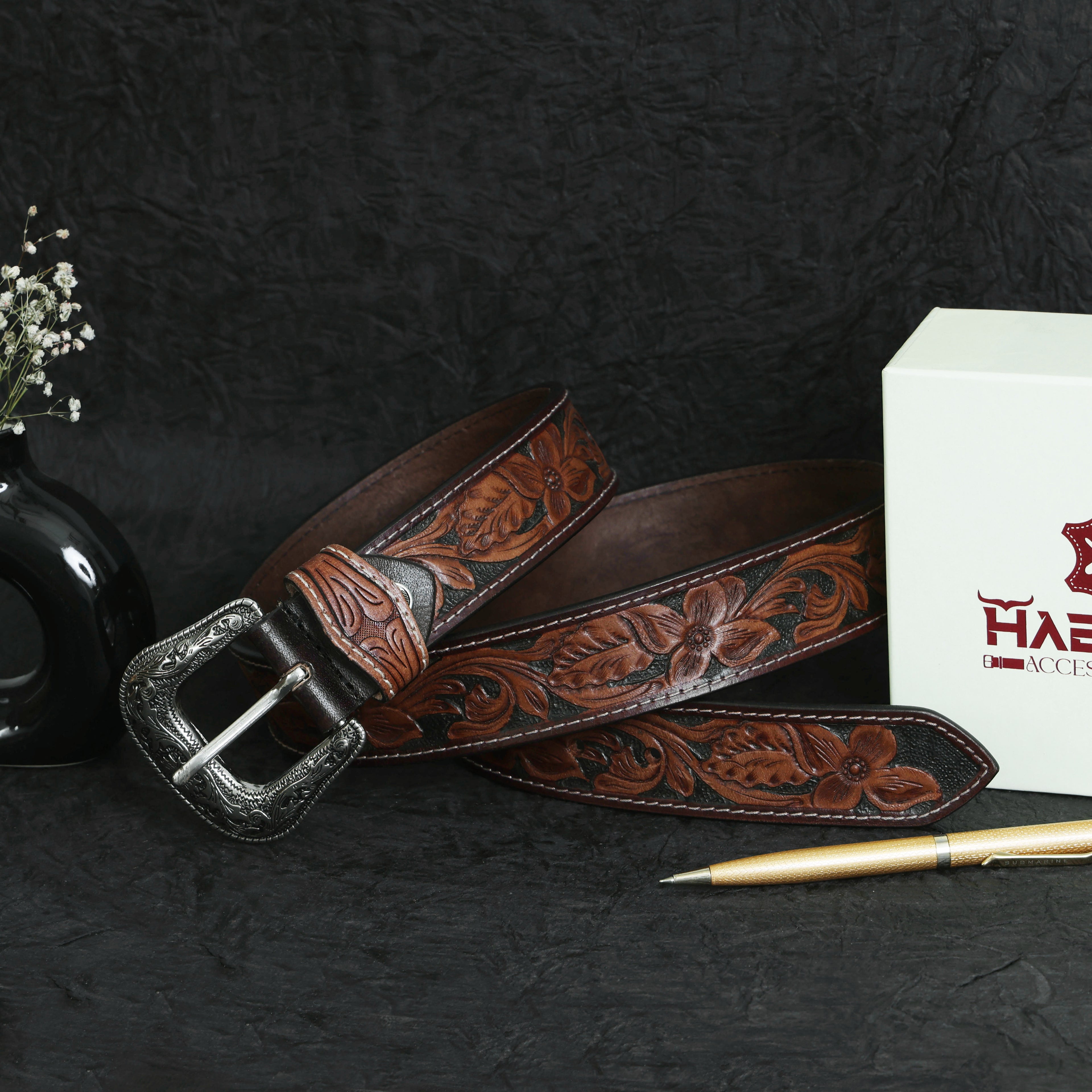 Handcrafted Brown Tooled Leather Belt | Floral Tooling Western Belt with Engraved Metal Buckle | Premium Handmade Cowhide Belt