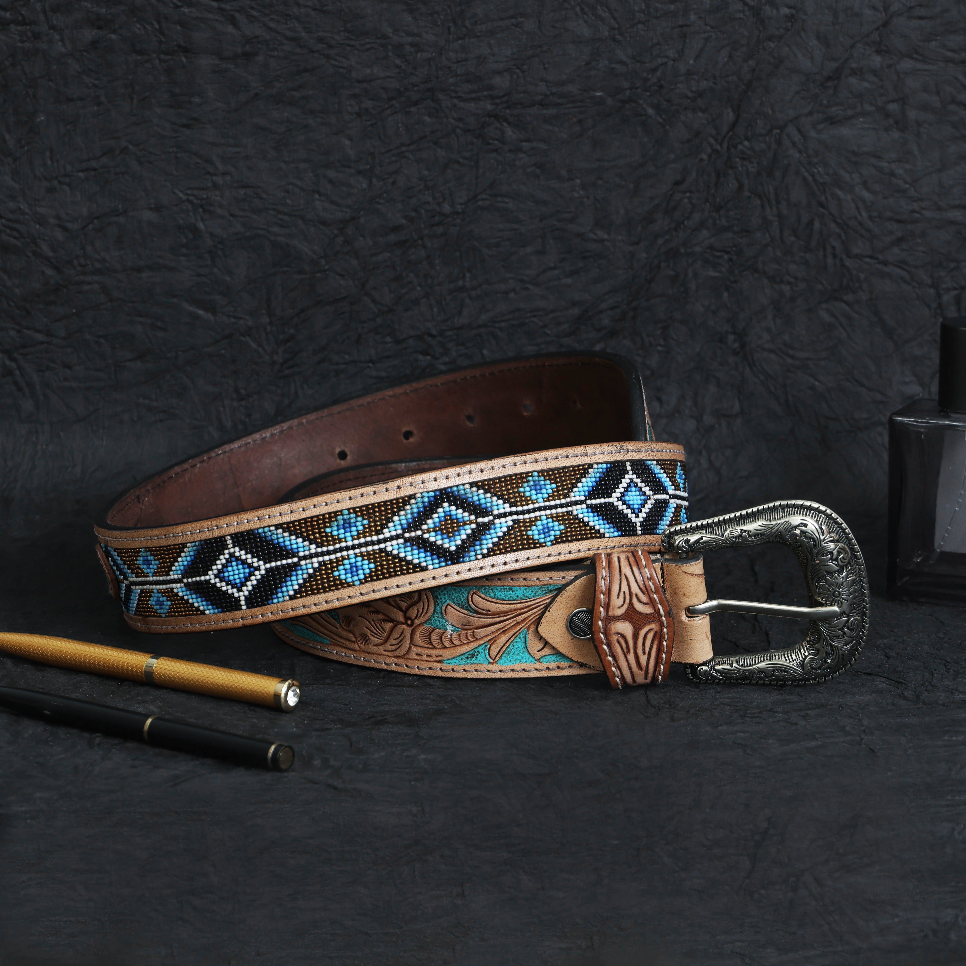Handcrafted Tooled Leather Belt with Turquoise Floral Design | Blue Beaded Western Belt with Engraved Buckle | Premium Handmade Cowhide Belt