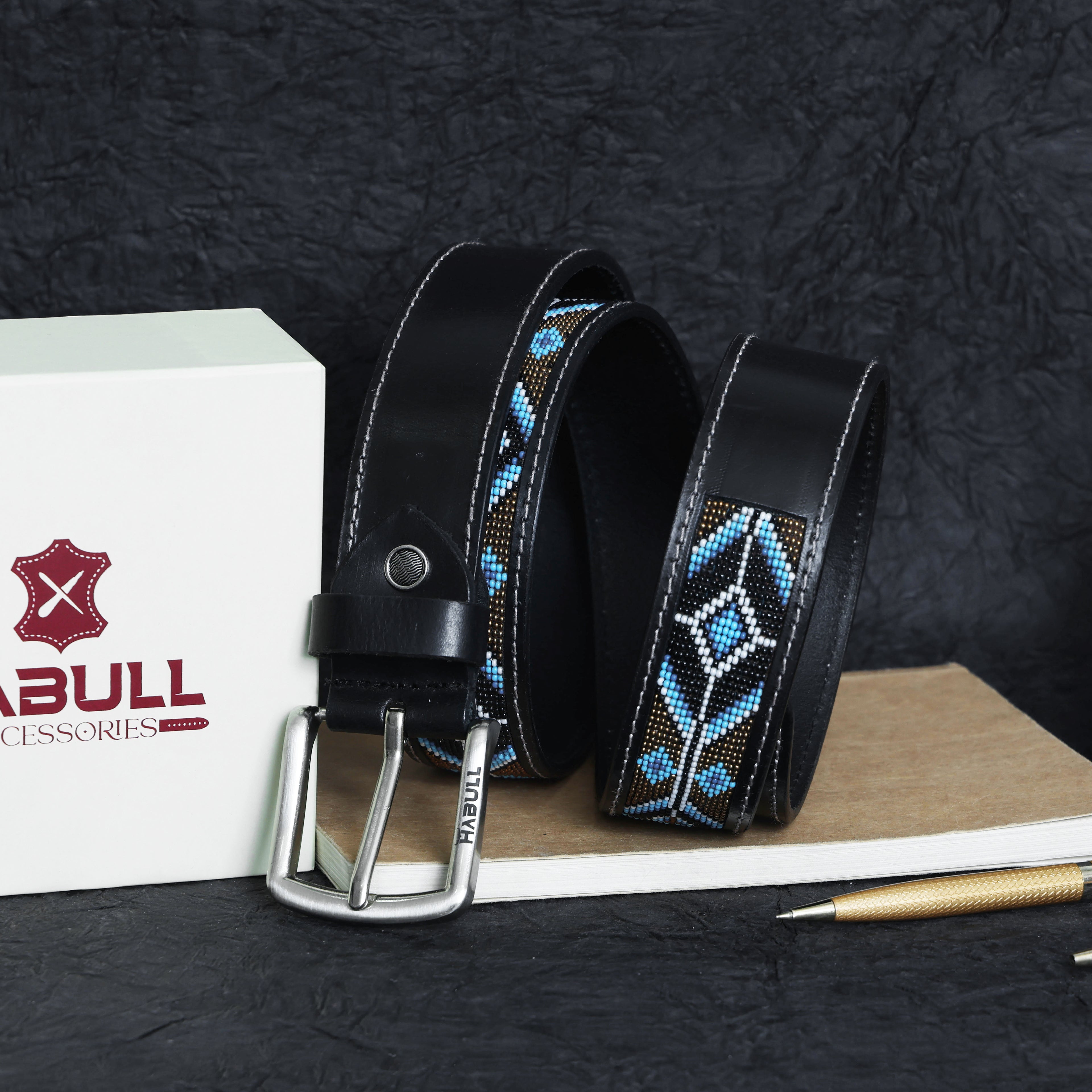 Handcrafted Beaded Leather Belt – Premium Black Leather with Blue Tribal Patter